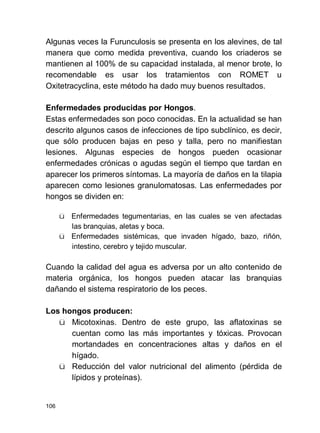 106
Algunas veces la Furunculosis se presenta en los alevines, de tal
manera que como medida preventiva, cuando los criaderos se
mantienen al 100% de su capacidad instalada, al menor brote, lo
recomendable es usar los tratamientos con ROMET u
Oxitetracyclina, este método ha dado muy buenos resultados.
Enfermedades producidas por Hongos.
Estas enfermedades son poco conocidas. En la actualidad se han
descrito algunos casos de infecciones de tipo subclínico, es decir,
que sólo producen bajas en peso y talla, pero no manifiestan
lesiones. Algunas especies de hongos pueden ocasionar
enfermedades crónicas o agudas según el tiempo que tardan en
aparecer los primeros síntomas. La mayoría de daños en la tilapia
aparecen como lesiones granulomatosas. Las enfermedades por
hongos se dividen en:
ü Enfermedades tegumentarias, en las cuales se ven afectadas
las branquias, aletas y boca.
ü Enfermedades sistémicas, que invaden hígado, bazo, riñón,
intestino, cerebro y tejido muscular.
Cuando la calidad del agua es adversa por un alto contenido de
materia orgánica, los hongos pueden atacar las branquias
dañando el sistema respiratorio de los peces.
Los hongos producen:
ü Micotoxinas. Dentro de este grupo, las aflatoxinas se
cuentan como las más importantes y tóxicas. Provocan
mortandades en concentraciones altas y daños en el
hígado.
ü Reducción del valor nutricional del alimento (pérdida de
lípidos y proteínas).
 