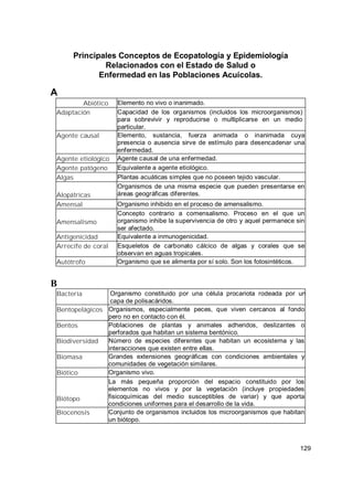 129
Principales Conceptos de Ecopatología y Epidemiología
Relacionados con el Estado de Salud o
Enfermedad en las Poblaciones Acuícolas.
A
Abiótico Elemento no vivo o inanimado.
Adaptación Capacidad de los organismos (incluidos los microorganismos)
para sobrevivir y reproducirse o multiplicarse en un medio
particular.
Agente causal Elemento, sustancia, fuerza animada o inanimada cuya
presencia o ausencia sirve de estímulo para desencadenar una
enfermedad.
Agente etiológico Agente causal de una enfermedad.
Agente patógeno Equivalente a agente etiológico.
Algas Plantas acuáticas simples que no poseen tejido vascular.
Alopátricas
Organismos de una misma especie que pueden presentarse en
áreas geográficas diferentes.
Amensal Organismo inhibido en el proceso de amensalismo.
Amensalismo
Concepto contrario a comensalismo. Proceso en el que un
organismo inhibe la supervivencia de otro y aquel permanece sin
ser afectado.
Antigenicidad Equivalente a inmunogenicidad.
Arrecife de coral Esqueletos de carbonato cálcico de algas y corales que se
observan en aguas tropicales.
Autótrofo Organismo que se alimenta por sí solo. Son los fotosintéticos.
B
Bacteria Organismo constituido por una célula procariota rodeada por una
capa de polisacáridos.
Bentopelágicos Organismos, especialmente peces, que viven cercanos al fondo
pero no en contacto con él.
Bentos Poblaciones de plantas y animales adheridos, deslizantes o
perforados que habitan un sistema bentónico.
Biodiversidad Número de especies diferentes que habitan un ecosistema y las
interacciones que existen entre ellas.
Biomasa Grandes extensiones geográficas con condiciones ambientales y
comunidades de vegetación similares.
Biótico Organismo vivo.
Biótopo
La más pequeña proporción del espacio constituido por los
elementos no vivos y por la vegetación (incluye propiedades
fisicoquímicas del medio susceptibles de variar) y que aporta
condiciones uniformes para el desarrollo de la vida.
Biocenosis Conjunto de organismos incluidos los microorganismos que habitan
un biótopo.
 