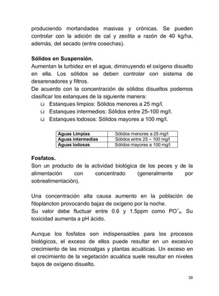 39
produciendo mortandades masivas y crónicas. Se pueden
controlar con la adición de cal y zeolita a razón de 40 kg/ha,
además, del secado (entre cosechas).
Sólidos en Suspensión.
Aumentan la turbidez en el agua, diminuyendo el oxígeno disuelto
en ella. Los sólidos se deben controlar con sistema de
desarenadores y filtros.
De acuerdo con la concentración de sólidos disueltos podemos
clasificar los estanques de la siguiente manera:
ü Estanques limpios: Sólidos menores a 25 mg/l.
ü Estanques intermedios: Sólidos entre 25-100 mg/l.
ü Estanques lodosos: Sólidos mayores a 100 mg/l.
Aguas Limpias Sólidos menores a 25 mg/l
Aguas intermedias Sólidos entre 25 100 mg/l
Aguas lodosas Sólidos mayores a 100 mg/l
Fosfatos.
Son un producto de la actividad biológica de los peces y de la
alimentación con concentrado (generalmente por
sobrealimentación).
Una concentración alta causa aumento en la población de
fitoplancton provocando bajas de oxígeno por la noche.
Su valor debe fluctuar entre 0.6 y 1.5ppm como PO=
4. Su
toxicidad aumenta a pH ácido.
Aunque los fosfatos son indispensables para los procesos
biológicos, el exceso de ellos puede resultar en un excesivo
crecimiento de las microalgas y plantas acuáticas. Un exceso en
el crecimiento de la vegetación acuática suele resultar en niveles
bajos de oxígeno disuelto.
 