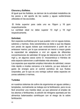 40
Cloruros y Sulfatos.
Al igual que los fosfatos, se derivan de la actividad metabólica de
los peces y del aporte de los suelos y aguas subterráneas
utilizadas en las acuícolas.
El límite superior para cada uno es 10ppm y 18 ppm
respectivamente.
La cantidad ideal no debe superar 10 mg/l y 18 mg/l
respectivamente.
Salinidad.
Son especies eurihalinas por lo que pueden vivir en aguas dulces,
salobres y marinas. Esta característica se debe a que las tilapias
son peces de aguas dulces que evolucionaron a partir de un
antecesor marino; por lo que conservan en menor o mayor grado
la capacidad de adaptarse a vivir en aguas de diferentes
concentraciones de salinidad. El rango de tolerancia es de 0 a 40
mg/l y, en algunos casos como O. mossambicus o híbridos de
esta especie sobreviven a salinidades más elevadas.
Las especies que soportan amplios intervalos de salinidad, crecen
más rápido a niveles cercanos a la isotonía, ya que reducen el
gasto de energía para el control osmótico de sus fluidos
corporales, por lo que es una ventaja cultivar estas especies en
zonas salobres ó marinas.
Turbidez
en nuestros sistemas de cultivo de organismos en aguas calidas y
templadas, normalmente se trabaja con la fertilización, pero no es
fácil encontrar una medida ideal, ya que adicional al empleo de
los abonos o fertilizantes, la adición de nitrógeno aportada por los
alimentos balanceados contribuyen con el riesgo de la sobre
fertilización.
 