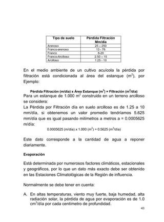 43
Tipo de suelo Pérdida Filtración
Mm/día
Arenoso 25 250
Franco-arenoso 13 - 76
Franco 8-20
Franco-Arcilloso 2.50 15
Arcilloso 1.25 - 10
En el medio ambiente de un cultivo acuícola la pérdida por
filtración está condicionada al área del estanque (m2
), por
Ejemplo:
Pérdida Filtración (m/día) x Área Estanque (m3
) = Filtración (m2
/día)
Para un estanque de 1.000 m2
construido en un terreno arcilloso
se considera:
La Pérdida por Filtración día en suelo arcilloso es de 1.25 a 10
mm/día, si obtenemos un valor promedio tendríamos 5.625
mm/día que es igual pasando milímetros a metros a = 0.0005625
m/día:
0.0005625 (m/día) x 1.000 (m2
) = 0.5625 (m3
/día)
Este dato corresponde a la cantidad de agua a reponer
diariamente.
Evaporación
Está determinada por numerosos factores climáticos, estacionales
y geográficos, por lo que un dato más exacto debe ser obtenido
en las Estaciones Climatológicas de la Región de influencia.
Normalmente se debe tener en cuenta:
A. En altas temperaturas, viento muy fuerte, baja humedad, alta
radiación solar, la pérdida de agua por evaporación es de 1.0
cm3
/día por cada centímetro de profundidad.
 