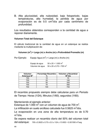 44
B. Alta pluviosidad, alta nubosidad, bajo fotoperiodo, bajas
temperaturas, alta humedad, la perdida de agua por
evaporación es de 0.5 cm3
/día por cada centímetro de
profundidad.
Los resultados obtenidos corresponden a la cantidad de agua a
reponer diariamente.
Volumen Total del Estanque
El cálculo tradicional de la cantidad de agua en un estanque se realiza
mediante la multiplicación de:
Volumen (m3
) = Largo (m) x Ancho (m) x Profundidad Promedio (m)
Por Ejemplo: Espejo Agua (m2
) = Largo (m) x Ancho (m)
Espejo de agua 50 x 20 = 1.000 m
2
Volumen de agua 50 x 20 x 0.70 = 700 m
3
Volumen
Estanque M
3
Porcentaje Recambio
%
Volumen a Recambiar
M
3
/día
700 10 70
700 20 140
700 50 350
700 70 490
700 100 700
El recambio propuesto siempre debe calcularse para un Periodo
de Tiempo: Horas (1/24), Minutos (1/60), segundos (1/60).
Manteniendo el ejemplo anterior:
Estanque de 1.000 m2
con un volumen de agua de 700 m3
.
La infiltración en suelo arcilloso calculada fue 0.5625 m3
/día.
La evaporación en una zona de alta temperatura es de 0.70
m3
/día.
Se espera realizar un recambio diario del 50% del volumen total
del estanque: 700 x 0.5625 x 0.70 x 0.5 x 1/24 x 1/3.600 = 0.001595 m
3
/seg
 