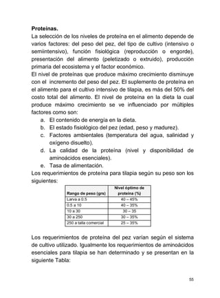 55
Proteínas.
La selección de los niveles de proteína en el alimento depende de
varios factores: del peso del pez, del tipo de cultivo (intensivo o
semiintensivo), función fisiológica (reproducción o engorde),
presentación del alimento (peletizado o extruido), producción
primaria del ecosistema y el factor económico.
El nivel de proteínas que produce máximo crecimiento disminuye
con el incremento del peso del pez. El suplemento de proteína en
el alimento para el cultivo intensivo de tilapia, es más del 50% del
costo total del alimento. El nivel de proteína en la dieta la cual
produce máximo crecimiento se ve influenciado por múltiples
factores como son:
a. El contenido de energía en la dieta.
b. El estado fisiológico del pez (edad, peso y madurez).
c. Factores ambientales (temperatura del agua, salinidad y
oxígeno disuelto).
d. La calidad de la proteína (nivel y disponibilidad de
aminoácidos esenciales).
e. Tasa de alimentación.
Los requerimientos de proteína para tilapia según su peso son los
siguientes:
Rango de peso (grs)
Nivel óptimo de
proteína (%)
Larva a 0.5 40 45%
0.5 a 10 40 35%
10 a 30 30 35
30 a 250 30 35%
250 a talla comercial 25 35%
Los requerimientos de proteína del pez varían según el sistema
de cultivo utilizado. Igualmente los requerimientos de aminoácidos
esenciales para tilapia se han determinado y se presentan en la
siguiente Tabla:
 