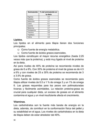 56
Aminoácido % del aminoácido en
la dieta
Arginina 4.2
Histidina 1.7
Isoleucina 3.1
Lisina 5.1
Leucina 3.4
Metionina 2.7
Fenilalanina 3.8
Treonina 3.8
Triptófano 1.0
Valina 2.8
Lípidos.
Los lípidos en el alimento para tilapia tienen dos funciones
principales:
ü Como fuente de energía metabólica.
ü Como fuente de ácidos grasos esenciales.
Los lípidos constituyen el mayor recurso energético (hasta 2.25
veces más que la proteína), y está muy ligado al nivel de proteína
en la dieta.
Así para niveles de 40% de proteína se recomienda niveles de
grasa de 6 a 8%. Con 35% de proteína el nivel de grasa es de 4.5
a 6% y con niveles de 25 a 30% de proteína se recomienda de 3
a 3.5% de grasa.
Como fuente de ácidos grasos esenciales se recomienda para
tilapia utilizar niveles de 0.5 a 1 % de omega 3 y un 1% de omega
6. Las grasas requeridas para los peces son poliinsaturadas
livianas y fácilmente asimilables. La relación proteína-grasa es
crucial para cualquier dieta, un exceso de grasas en el alimento
contamina el agua y un nivel insuficiente afecta el crecimiento.
Vitaminas.
Los carbohidratos son la fuente más barata de energía en la
dieta, además, de contribuir en la conformación física del pellet y
su estabilidad en el agua. Los niveles de carbohidratos en la dieta
de tilapia deben de estar alrededor del 40%.
 