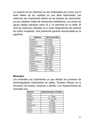 57
La mayoría de las vitaminas no son sintetizadas por el pez, por lo
tanto deben de ser suplidas en una dieta balanceada. Las
vitaminas son importantes dentro de los factores de crecimiento,
ya que catalizan todas las reacciones metabólicas. Los peces de
aguas cálidas requieren entre 12 y 15 vitaminas en su dieta. El
nivel de vitaminas utilizadas va a variar dependiendo del sistema
de cultivo empleado. Una premezcla general recomendada es la
siguiente:
Vitamina Nivel en la dieta
Tiamina 0.1 mg/kg
Riboflavina 3.5 mg/kg
Piridoxina 0.5 mg/kg
Ácido pantoténico 3 5 mg/kg
Niacina 6 10 mg/kg
Biotina 0 - 0.5 mg/kg
Ácido Fólico 0 0.5 mg/kg
Cianocobalamina 0.01 mg/kg
Inositol 300 mg/kg
Colina 400 mg/kg
Ácido ascórbico 50 mg/kg
Retinol 500 UI/kg
Vitamina D 200 UI/kg
Vitamina E 10 mg/kg
Vitamina K 0 1 mg/kg
Minerales.
Los minerales son importantes ya que afectan los procesos de
osmorregulación (intercambio de sales). También influyen en la
formación de huesos, escamas y dientes. Los requerimientos en
minerales son:
Mineral Requerimiento en la dieta
Calcio 0
Fósforo 5 10g/kg
Magnesio 0.5 0.7 g/kg
Potasio 2.0g/kg
Hierro 30 mg/kg
Manganeso 2.4 mg/kg
Cobre 5.0 mg/kg
Selenio 0.1 mg/kg
Cromo 1.0 mg/kg
 
