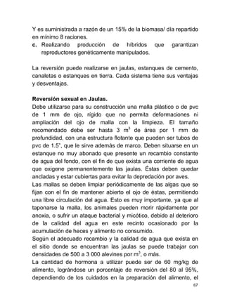 67
Y es suministrada a razón de un 15% de la biomasa/ día repartido
en mínimo 8 raciones.
c. Realizando producción de híbridos que garantizan
reproductores genéticamente manipulados.
La reversión puede realizarse en jaulas, estanques de cemento,
canaletas o estanques en tierra. Cada sistema tiene sus ventajas
y desventajas.
Reversión sexual en Jaulas.
Debe utilizarse para su construcción una malla plástico o de pvc
de 1 mm de ojo, rígido que no permita deformaciones ni
ampliación del ojo de malla con la limpieza. El tamaño
recomendado debe ser hasta 3 m3
de área por 1 mm de
profundidad, con una estructura flotante que pueden ser tubos de
pvc de 1.5 , que le sirve además de marco. Deben situarse en un
estanque no muy abonado que presente un recambio constante
de agua del fondo, con el fin de que exista una corriente de agua
que oxigene permanentemente las jaulas. Éstas deben quedar
ancladas y estar cubiertas para evitar la depredación por aves.
Las mallas se deben limpiar periódicamente de las algas que se
fijan con el fin de mantener abierto el ojo de éstas, permitiendo
una libre circulación del agua. Esto es muy importante, ya que al
taponarse la malla, los animales pueden morir rápidamente por
anoxia, o sufrir un ataque bacterial y micótico, debido al deterioro
de la calidad del agua en este recinto ocasionado por la
acumulación de heces y alimento no consumido.
Según el adecuado recambio y la calidad de agua que exista en
el sitio donde se encuentran las jaulas se puede trabajar con
densidades de 500 a 3 000 alevines por m3
, o más.
La cantidad de hormona a utilizar puede ser de 60 mg/kg de
alimento, lográndose un porcentaje de reversión del 80 al 95%,
dependiendo de los cuidados en la preparación del alimento, el
 