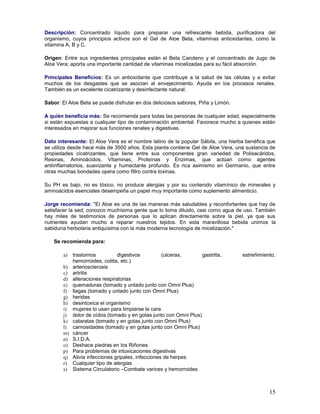 15
Descripción: Concentrado líquido para preparar una refrescante bebida, purificadora del
organismo, cuyos principios activos son el Gel de Aloe Beta, vitaminas antioxidantes, como la
vitamina A, B y C.
Origen: Entre sus ingredientes principales están el Beta Caroteno y el concentrado de Jugo de
Aloe Vera; aporta una importante cantidad de vitaminas micelizadas para su fácil absorción.
Principales Beneficios: Es un antioxidante que contribuye a la salud de las células y a evitar
muchos de los desgastes que se asocian al envejecimiento. Ayuda en los procesos renales.
También es un excelente cicatrizante y desinfectante natural.
Sabor: El Aloe Beta se puede disfrutar en dos deliciosos sabores, Piña y Limón.
A quién beneficia más: Se recomienda para todas las personas de cualquier edad, especialmente
si están expuestas a cualquier tipo de contaminación ambiental. Favorece mucho a quienes están
interesados en mejorar sus funciones renales y digestivas.
Dato interesante: El Aloe Vera es el nombre latino de la popular Sábila, una hierba benéfica que
se utiliza desde hace más de 3500 años. Esta planta contiene Gel de Aloe Vera, una sustancia de
propiedades cicatrizantes, que tiene entre sus componentes gran variedad de Polisacáridos,
Resinas, Aminoácidos, Vitaminas, Proteínas y Enzimas, que actúan como agentes
antiinflamatorios, suavizante y humectante profundo. Es rica asimismo en Germanio, que entre
otras muchas bondades opera como filtro contra toxinas.
Su PH es bajo, no es tóxico, no produce alergias y por su contenido vitamínico de minerales y
aminoácidos esenciales desempeña un papel muy importante como suplemento alimenticio.
Jorge recomienda: "El Aloe es una de las maneras más saludables y reconfortantes que hay de
satisfacer la sed; conozco muchísima gente que lo toma diluido, casi como agua de uso. También
hay miles de testimonios de personas que lo aplican directamente sobre la piel, ya que sus
nutrientes ayudan mucho a reparar nuestros tejidos. En esta maravillosa bebida unimos la
sabiduría herbolaria antiquísima con la más moderna tecnología de micelización."
Se recomienda para:
a) trastornos digestivos (ulceras, gastritis, estreñimiento,
hemorroides, colitis, etc.)
b) arteriosclerosis
c) artritis
d) alteraciones respiratorias
e) quemaduras (tomado y untado junto con Omni Plus)
f) llagas (tomado y untado junto con Omni Plus)
g) heridas
h) desintoxica el organismo
i) mujeres lo usan para limpiarse la cara
j) dolor de oídos (tomado y en gotas junto con Omni Plus)
k) cataratas (tomado y en gotas junto con Omni Plus)
l) carnosidades (tomado y en gotas junto con Omni Plus)
m) cáncer
n) S.I.D.A.
o) Deshace piedras en los Riñones
p) Para problemas de intoxicaciones digestivas
q) Alivia infecciones gripales, infecciones de herpes
r) Cualquier tipo de alergias
s) Sistema Circulatorio –Combate varices y hemorroides
 
