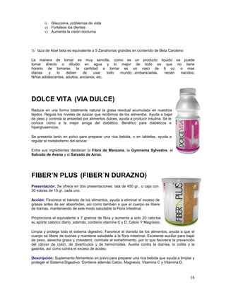 16
t) Glaucoma, problemas de vista
u) Fortalece los dientes
v) Aumenta la visión nocturna
½ taza de Aloe beta es equivalente a 5 Zanahorias grandes en contenido de Beta Caroteno
La manera de tomar es muy sencilla, como es un producto liquido se puede
tomar directo o diluido en agua y lo mejor de todo es que no tiene
horario de tomarse. la cantidad a tomar es un vaso de 6 oz. o mas
diarias y lo deben de usar todo mundo...embarazadas, recién nacidos,
Niños adolescentes, adultos, ancianos, etc.
DOLCE VITA (VIA DULCE)
Reduce en una forma totalmente natural la grasa residual acumulada en nuestros
tejidos. Regula los niveles de azúcar que recibimos de los alimentos. Ayuda a bajar
de peso y controla la ansiedad por alimentos dulces, ayuda a producir insulina. Se le
conoce como a la mejor amiga del diabético. Benéfico para diabéticos e
hiperglusemicos.
Se presenta tanto en polvo para preparar una rica bebida, o en tabletas, ayuda a
regular el metabolismo del azúcar.
Entre sus ingredientes destacan la Fibra de Manzana, la Gymnema Sylvestre, el
Salvado de Avena y el Salvado de Arroz.
FIBER’N PLUS (FIBER´N DURAZNO)
Presentación: Se ofrece en dos presentaciones: lata de 450 gr., o caja con
30 sobres de 15 gr. cada uno.
Acción: Favorece el tránsito de los alimentos, ayuda a eliminar el exceso de
grasas antes de ser absorbidas, así como también a que el cuerpo se libere
de toxinas, manteniendo de este modo saludable la Flora Intestinal.
Proporciona el equivalente a 7 gramos de fibra y aumenta a solo 20 calorías
su aporte calórico diario. además, contiene vitamina C y D, Calcio Y Magnesio.
Limpia y protege todo el sistema digestivo. Favorece el transito de los alimentos, ayuda a que el
cuerpo se libere de toxinas y mantiene saludable a la flora intestinal. Excelente auxiliar para bajar
de peso, desecha grasa y colesterol, combate al estreñimiento, por lo que favorece la prevención
del cáncer de colon, de divertículos y de hemorroides. Auxilia contra la diarrea, lo colitis y la
gastritis, así como contra el exceso de acidez.
Descripción: Suplemento Alimenticio en polvo para preparar una rica bebida que ayuda a limpiar y
proteger el Sistema Digestivo. Contiene además Calcio, Magnesio, Vitamina C y Vitamina D.
 