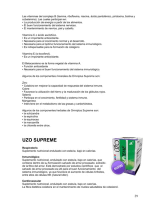 29
Las vitaminas del complejo B (tiamina, riboflavina, niacina, ácido pantoténico, piridoxina, biotina y
cobalamina). Las cuales participan en:
• La producción de energía a partir de los alimentos.
• El buen funcionamiento del sistema nervioso.
• El mantenimiento de nervios, piel y cabello.
Vitamina C o ácido ascórbico.
• Es un importante antioxidante.
• Necesaria para el crecimiento normal y el desarrollo.
• Necesaria para el óptimo funcionamiento del sistema inmunológico.
• Es indispensable para la formación de colágeno
Vitamina E (α-tocoferol).
• Es un importante antioxidante.
El Betacaroteno es la forma vegetal de vitamina A.
• Función antioxidante
• Necesario para el buen funcionamiento del sistema inmunológico.
Algunos de los componentes minerales de Omniplus Supreme son:
Zinc
• Colabora en mejorar la capacidad de respuesta del sistema inmune.
Cobre
• Favorece la utilización del hierro y la maduración de los glóbulos rojos.
Selenio
• Participa en el crecimiento, fertilidad y sistema inmune.
Manganeso
• Interviene en el metabolismo de las grasas y carbohidratos.
Algunos de los componentes herbales de Omniplus Supreme son:
• la schizandra
• la espirulina
• la equinacea
• la manzanilla
• la chlorella entre otros.
UZO SUPREME
Respiratorio
Suplemento nutricional endulzado con estevia, bajo en calorías.
Inmunológico
Suplemento nutricional, endulzado con estevia, bajo en calorías, que
contiene dentro de su formulación salvado de arroz procesado, extraído
de la fibra del arroz. Está demostrado por estudios científicos que el
salvado de arroz procesado es útil para el buen funcionamiento del
sistema inmunológico, ya que favorece el aumento de células linfoides,
entre ellos de células NK (natural killer).
Cardiovascular
Suplemento nutricional, endulzado con estevia, bajo en calorías.
La fibra dietética colabora en el mantenimiento de niveles saludables de colesterol.
 