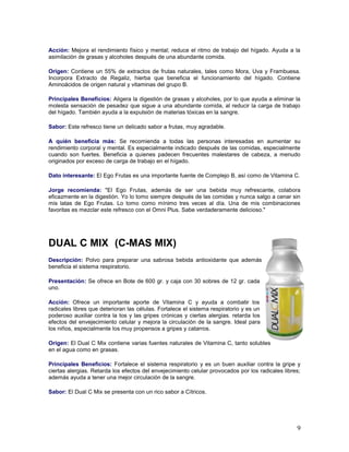 9
Acción: Mejora el rendimiento físico y mental; reduce el ritmo de trabajo del hígado. Ayuda a la
asimilación de grasas y alcoholes después de una abundante comida.
Origen: Contiene un 55% de extractos de frutas naturales, tales como Mora, Uva y Frambuesa.
Incorpora Extracto de Regaliz, hierba que beneficia el funcionamiento del hígado. Contiene
Aminoácidos de origen natural y vitaminas del grupo B.
Principales Beneficios: Aligera la digestión de grasas y alcoholes, por lo que ayuda a eliminar la
molesta sensación de pesadez que sigue a una abundante comida, al reducir la carga de trabajo
del hígado. También ayuda a la expulsión de materias tóxicas en la sangre.
Sabor: Este refresco tiene un delicado sabor a frutas, muy agradable.
A quién beneficia más: Se recomienda a todas las personas interesadas en aumentar su
rendimiento corporal y mental. Es especialmente indicado después de las comidas, especialmente
cuando son fuertes. Beneficia a quienes padecen frecuentes malestares de cabeza, a menudo
originados por exceso de carga de trabajo en el hígado.
Dato interesante: El Ego Frutas es una importante fuente de Complejo B, así como de Vitamina C.
Jorge recomienda: "El Ego Frutas, además de ser una bebida muy refrescante, colabora
eficazmente en la digestión. Yo lo tomo siempre después de las comidas y nunca salgo a cenar sin
mis latas de Ego Frutas. Lo tomo como mínimo tres veces al día. Una de mis combinaciones
favoritas es mezclar este refresco con el Omni Plus. Sabe verdaderamente delicioso."
DUAL C MIX (C-MAS MIX)
Descripción: Polvo para preparar una sabrosa bebida antioxidante que además
beneficia el sistema respiratorio.
Presentación: Se ofrece en Bote de 600 gr. y caja con 30 sobres de 12 gr. cada
uno.
Acción: Ofrece un importante aporte de Vitamina C y ayuda a combatir los
radicales libres que deterioran las células. Fortalece el sistema respiratorio y es un
poderoso auxiliar contra la tos y las gripes crónicas y ciertas alergias. retarda los
efectos del envejecimiento celular y mejora la circulación de la sangre. Ideal para
los niños, especialmente los muy propensos a gripes y catarros.
Origen: El Dual C Mix contiene varias fuentes naturales de Vitamina C, tanto solubles
en el agua como en grasas.
Principales Beneficios: Fortalece el sistema respiratorio y es un buen auxiliar contra la gripe y
ciertas alergias. Retarda los efectos del envejecimiento celular provocados por los radicales libres;
además ayuda a tener una mejor circulación de la sangre.
Sabor: El Dual C Mix se presenta con un rico sabor a Cítricos.
 