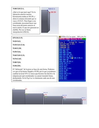 N100 X10 Z-1;
¿Qué es lo que pasó aquí? En la
operación anterior nuestra
herramienta estaba en X8 Z0, y
ahora le estamos diciendo que se
vaya a X10 Z1. Para llegar a esa
coordenada, necesitará hacer una
línea recta del punto anterior al
nuevo punto, lo que nos generará un
chaflán. Por eso se llama
interpolación LINEAL.
ON110 Z-15;
N120 X12;
N130 X14 Z-16;
N140 Z-30;
N150 X16;
N160 X18 Z-31;
N170 Z-45;
N180 X24;
N190 Z55;
El “delineado” de la pieza se hace de esta forma. Podemos
ver que al fin hemos llegado a N190, por lo que ya podemos
cambiar la Q de N70. Lo único que hicimos fue decirle a la
máquina por qué coordenadas va a pasar trazando líneas,
desbastando. En la Fig.4 se ve claramente cada una de esas
coordenadas.
 