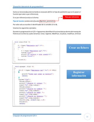 Manual de laboratorio de programación I
Lenguajes de programación C/C++
22
Comose mencionabaanteriormente esnecesario definir el tipo de parámetro que se le pasan a l
función (por valor o por referencia);
Si es por referencia esta es la forma:
Tipo de función nombre de la función (&primer_parametro);
Por valor solo se escribe el identificador de la variable sin el &.
Veamos los siguientes ejemplos:
Durante la programaciónenC/C++ lograremosidentificar6 funcione básicasdentrodel manejode
ficherosenCentre los cuales tenemos: Crear, registrar, Modificar, visualizar, modificar, eliminar
Paso por referencia
Crear un fichero
Registrar
información
 