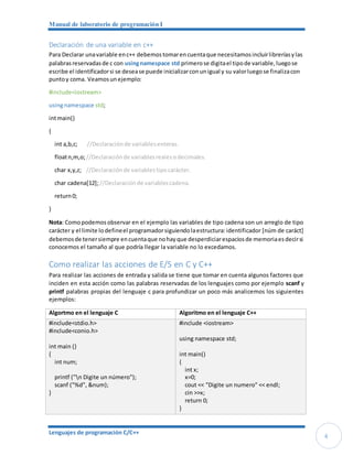 Manual de laboratorio de programación I
Lenguajes de programación C/C++
4
Declaración de una variable en c++
Para Declarar unavariable enc++ debemostomarencuentaque necesitamosincluirlibreríasylas
palabrasreservadasde c con usingnamespace std primerose digitael tipode variable,luegose
escribe el identificadorsi se desease puede inicializarconunigual y su valorluegose finalizacon
puntoy coma. Veamosunejemplo:
#include<iostream>
usingnamespace std;
intmain()
{
int a,b,c; //Declaraciónde variablesenteras.
floatn,m,o;//Declaraciónde variablesrealesodecimales.
char x,y,z; //Declaraciónde variablestipocarácter.
char cadena[12];//Declaraciónde variablescadena.
return0;
}
Nota: Comopodemosobservar en el ejemplo las variables de tipo cadena son un arreglo de tipo
carácter y el limite lodefineel programadorsiguiendolaestructura:identificador [núm de caráct]
debemosde tenersiempre encuentaque nohayque desperdiciarespaciosde memoriaesdecirsi
conocemos el tamaño al que podría llegar la variable no lo excedamos.
Como realizar las acciones de E/S en C y C++
Para realizar las acciones de entrada y salida se tiene que tomar en cuenta algunos factores que
inciden en esta acción como las palabras reservadas de los lenguajes como por ejemplo scanf y
printf palabras propias del lenguaje c para profundizar un poco más analicemos los siguientes
ejemplos:
Algortmo en el lenguaje C Algoritmo en el lenguaje C++
#include<stdio.h>
#include<conio.h>
int main ()
{
int num;
printf ("n Digite un número");
scanf ("%d", &num);
}
#include <iostream>
using namespace std;
int main()
{
int x;
x=0;
cout << "Digite un numero" << endl;
cin >>x;
return 0;
}
 