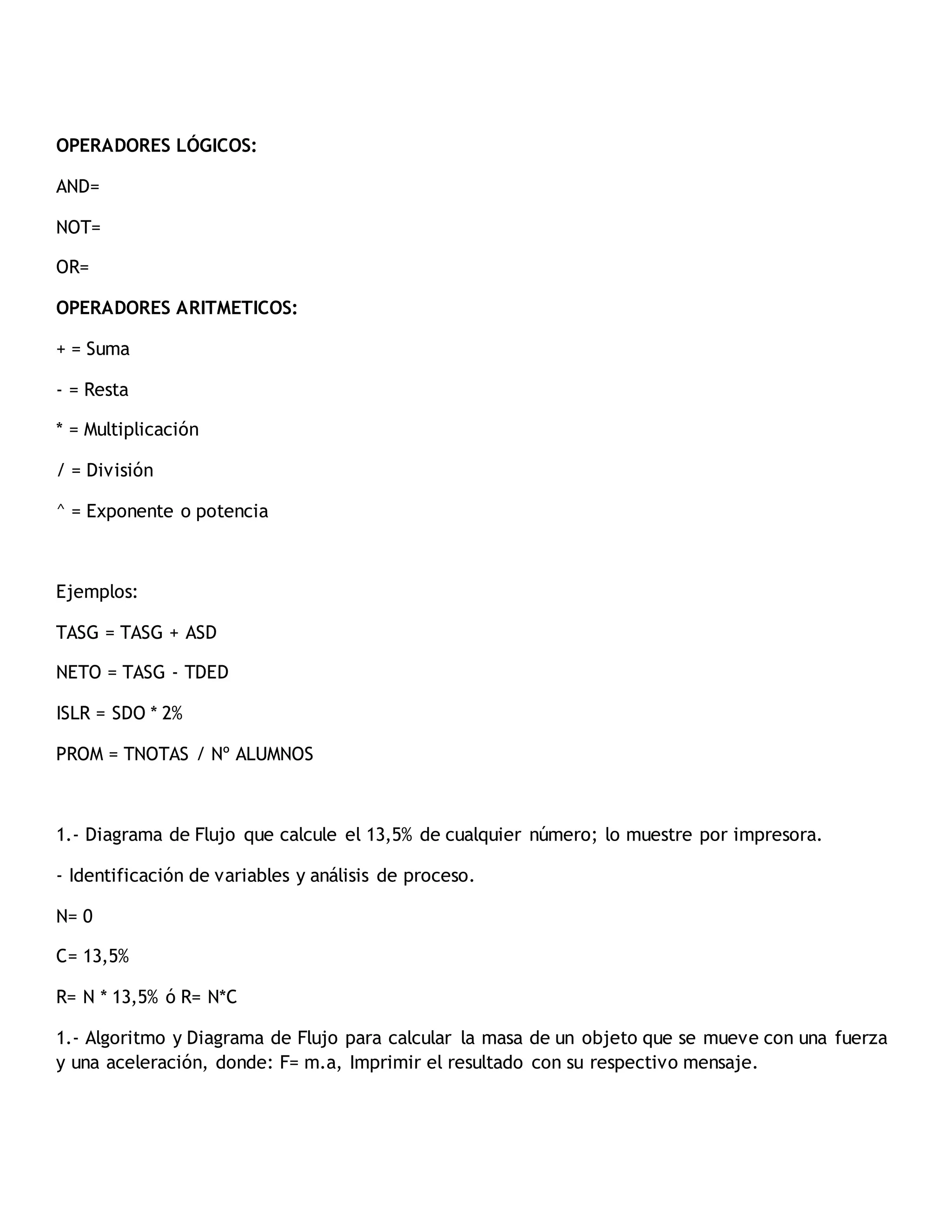 OPERADORES LÓGICOS:
AND=
NOT=
OR=
OPERADORES ARITMETICOS:
+ = Suma
- = Resta
* = Multiplicación
/ = División
^ = Exponente o potencia
Ejemplos:
TASG = TASG + ASD
NETO = TASG - TDED
ISLR = SDO * 2%
PROM = TNOTAS / Nº ALUMNOS
1.- Diagrama de Flujo que calcule el 13,5% de cualquier número; lo muestre por impresora.
- Identificación de variables y análisis de proceso.
N= 0
C= 13,5%
R= N * 13,5% ó R= N*C
1.- Algoritmo y Diagrama de Flujo para calcular la masa de un objeto que se mueve con una fuerza
y una aceleración, donde: F= m.a, Imprimir el resultado con su respectivo mensaje.
 