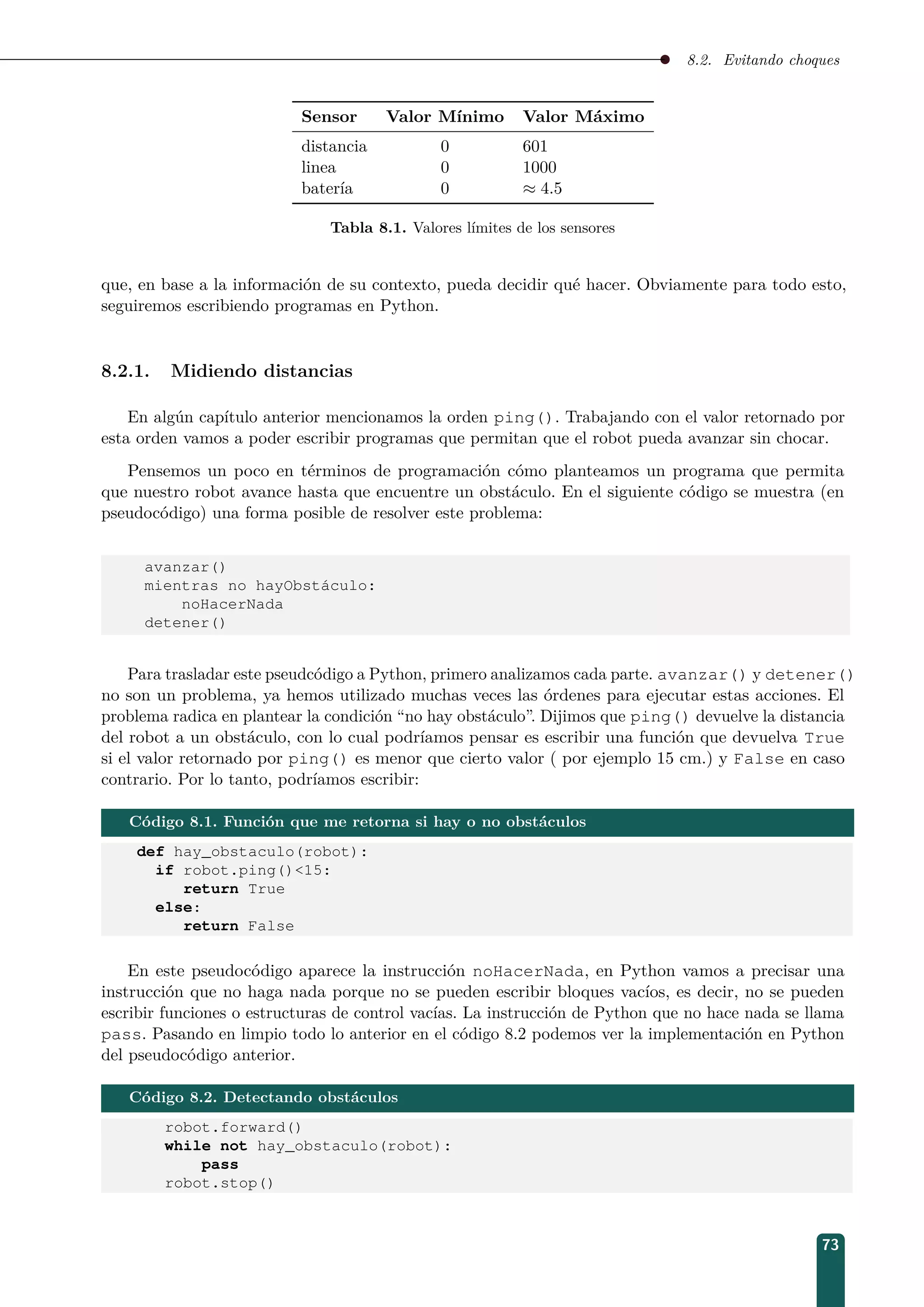 8.2. Evitando choques
Sensor Valor Mínimo Valor Máximo
distancia 0 601
linea 0 1000
batería 0 ≈ 4.5
Tabla 8.1. Valores límites de los sensores
que, en base a la información de su contexto, pueda decidir qué hacer. Obviamente para todo esto,
seguiremos escribiendo programas en Python.
8.2.1. Midiendo distancias
En algún capítulo anterior mencionamos la orden ping(). Trabajando con el valor retornado por
esta orden vamos a poder escribir programas que permitan que el robot pueda avanzar sin chocar.
Pensemos un poco en términos de programación cómo planteamos un programa que permita
que nuestro robot avance hasta que encuentre un obstáculo. En el siguiente código se muestra (en
pseudocódigo) una forma posible de resolver este problema:
avanzar()
mientras no hayObstáculo:
noHacerNada
detener()
Para trasladar este pseudcódigo a Python, primero analizamos cada parte. avanzar() y detener()
no son un problema, ya hemos utilizado muchas veces las órdenes para ejecutar estas acciones. El
problema radica en plantear la condición “no hay obstáculo”. Dijimos que ping() devuelve la distancia
del robot a un obstáculo, con lo cual podríamos pensar es escribir una función que devuelva True
si el valor retornado por ping() es menor que cierto valor ( por ejemplo 15 cm.) y False en caso
contrario. Por lo tanto, podríamos escribir:
Código 8.1. Función que me retorna si hay o no obstáculos
def hay_obstaculo(robot):
if robot.ping()15:
return True
else:
return False
En este pseudocódigo aparece la instrucción noHacerNada, en Python vamos a precisar una
instrucción que no haga nada porque no se pueden escribir bloques vacíos, es decir, no se pueden
escribir funciones o estructuras de control vacías. La instrucción de Python que no hace nada se llama
pass. Pasando en limpio todo lo anterior en el código 8.2 podemos ver la implementación en Python
del pseudocódigo anterior.
Código 8.2. Detectando obstáculos
robot.forward()
while not hay_obstaculo(robot):
pass
robot.stop()
73
 