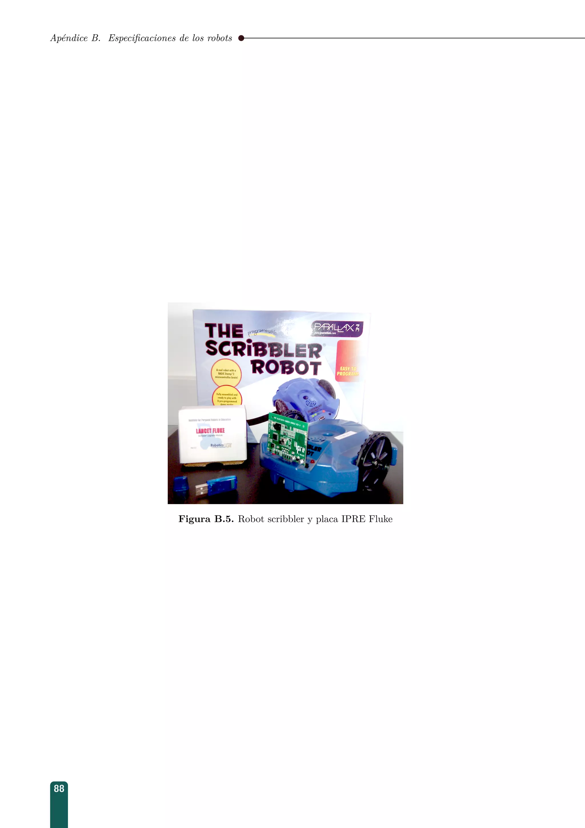Apéndice B. Especiﬁcaciones de los robots
Figura B.5. Robot scribbler y placa IPRE Fluke
88
 