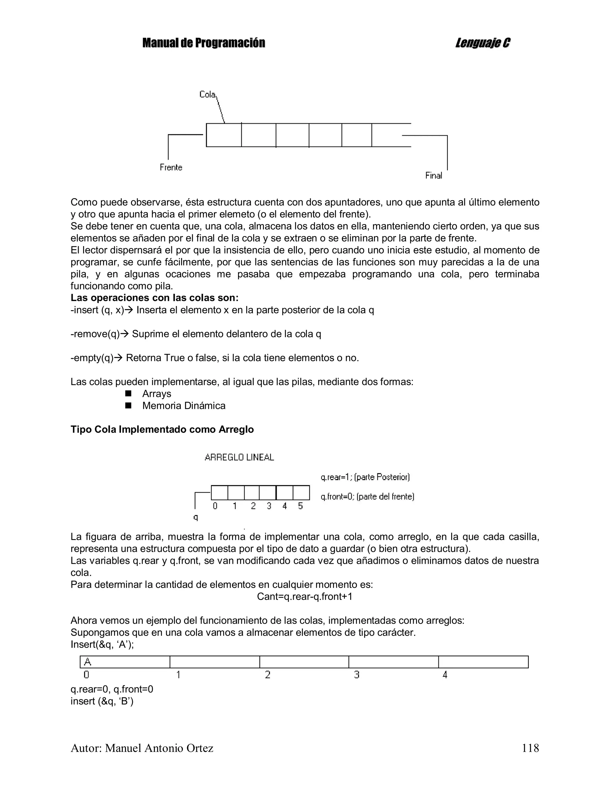 MMaannuuaall ddee PPrrooggrraammaacciióónn LLeenngguuaajjee CC
Autor: Manuel Antonio Ortez 118
Como puede observarse, ésta estructura cuenta con dos apuntadores, uno que apunta al último elemento
y otro que apunta hacia el primer elemeto (o el elemento del frente).
Se debe tener en cuenta que, una cola, almacena los datos en ella, manteniendo cierto orden, ya que sus
elementos se añaden por el final de la cola y se extraen o se eliminan por la parte de frente.
El lector dispernsará el por que la insistencia de ello, pero cuando uno inicia este estudio, al momento de
programar, se cunfe fácilmente, por que las sentencias de las funciones son muy parecidas a la de una
pila, y en algunas ocaciones me pasaba que empezaba programando una cola, pero terminaba
funcionando como pila.
Las operaciones con las colas son:
-insert (q, x) Inserta el elemento x en la parte posterior de la cola q
-remove(q) Suprime el elemento delantero de la cola q
-empty(q) Retorna True o false, si la cola tiene elementos o no.
Las colas pueden implementarse, al igual que las pilas, mediante dos formas:
 Arrays
 Memoria Dinámica
Tipo Cola Implementado como Arreglo
La figuara de arriba, muestra la forma de implementar una cola, como arreglo, en la que cada casilla,
representa una estructura compuesta por el tipo de dato a guardar (o bien otra estructura).
Las variables q.rear y q.front, se van modificando cada vez que añadimos o eliminamos datos de nuestra
cola.
Para determinar la cantidad de elementos en cualquier momento es:
Cant=q.rear-q.front+1
Ahora vemos un ejemplo del funcionamiento de las colas, implementadas como arreglos:
Supongamos que en una cola vamos a almacenar elementos de tipo carácter.
Insert(&q, ‘A’);
q.rear=0, q.front=0
insert (&q, ‘B’)
 