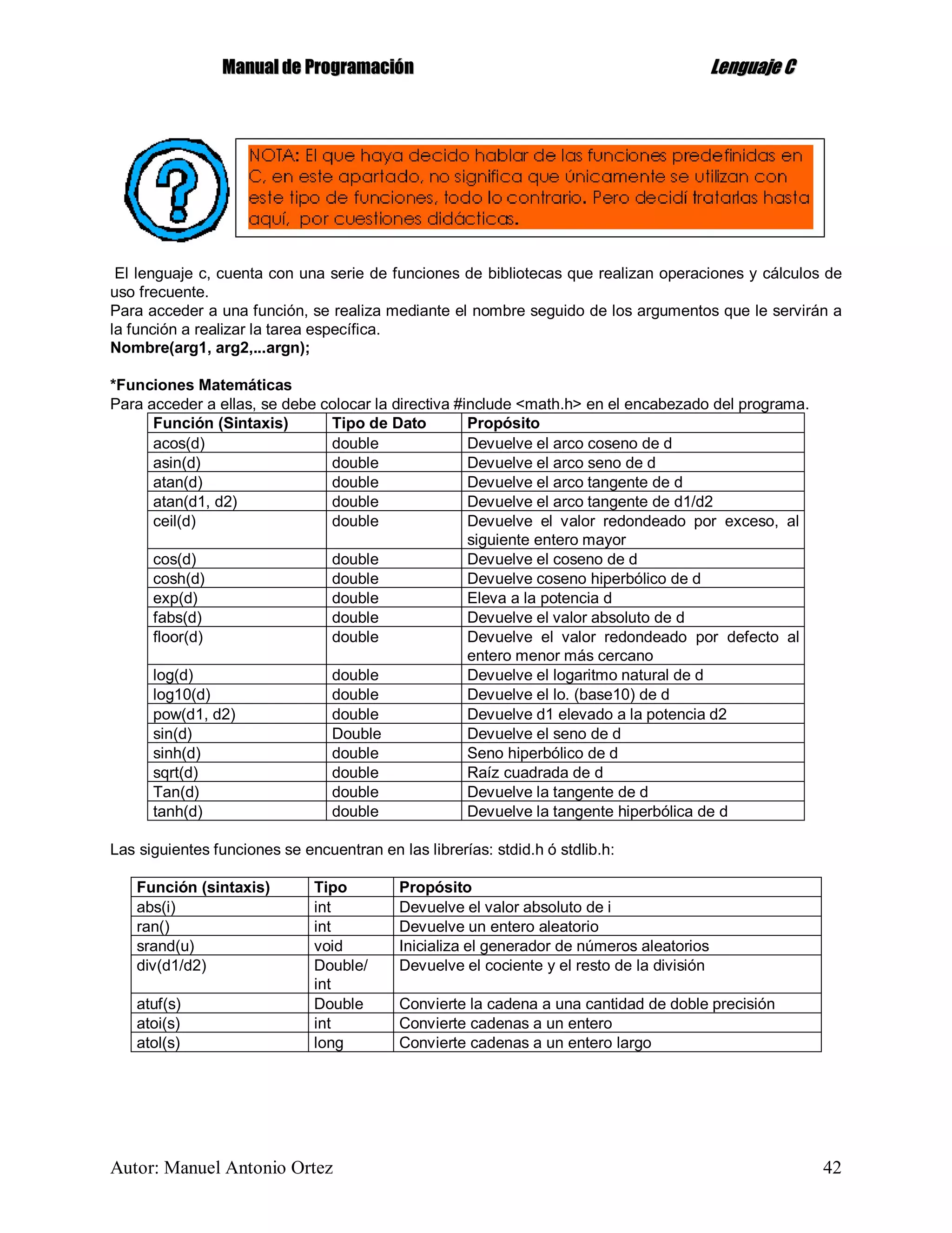 MMaannuuaall ddee PPrrooggrraammaacciióónn LLeenngguuaajjee CC
Autor: Manuel Antonio Ortez 42
El lenguaje c, cuenta con una serie de funciones de bibliotecas que realizan operaciones y cálculos de
uso frecuente.
Para acceder a una función, se realiza mediante el nombre seguido de los argumentos que le servirán a
la función a realizar la tarea específica.
Nombre(arg1, arg2,...argn);
*Funciones Matemáticas
Para acceder a ellas, se debe colocar la directiva #include <math.h> en el encabezado del programa.
Función (Sintaxis) Tipo de Dato Propósito
acos(d) double Devuelve el arco coseno de d
asin(d) double Devuelve el arco seno de d
atan(d) double Devuelve el arco tangente de d
atan(d1, d2) double Devuelve el arco tangente de d1/d2
ceil(d) double Devuelve el valor redondeado por exceso, al
siguiente entero mayor
cos(d) double Devuelve el coseno de d
cosh(d) double Devuelve coseno hiperbólico de d
exp(d) double Eleva a la potencia d
fabs(d) double Devuelve el valor absoluto de d
floor(d) double Devuelve el valor redondeado por defecto al
entero menor más cercano
log(d) double Devuelve el logaritmo natural de d
log10(d) double Devuelve el lo. (base10) de d
pow(d1, d2) double Devuelve d1 elevado a la potencia d2
sin(d) Double Devuelve el seno de d
sinh(d) double Seno hiperbólico de d
sqrt(d) double Raíz cuadrada de d
Tan(d) double Devuelve la tangente de d
tanh(d) double Devuelve la tangente hiperbólica de d
Las siguientes funciones se encuentran en las librerías: stdid.h ó stdlib.h:
Función (sintaxis) Tipo Propósito
abs(i) int Devuelve el valor absoluto de i
ran() int Devuelve un entero aleatorio
srand(u) void Inicializa el generador de números aleatorios
div(d1/d2) Double/
int
Devuelve el cociente y el resto de la división
atuf(s) Double Convierte la cadena a una cantidad de doble precisión
atoi(s) int Convierte cadenas a un entero
atol(s) long Convierte cadenas a un entero largo
 