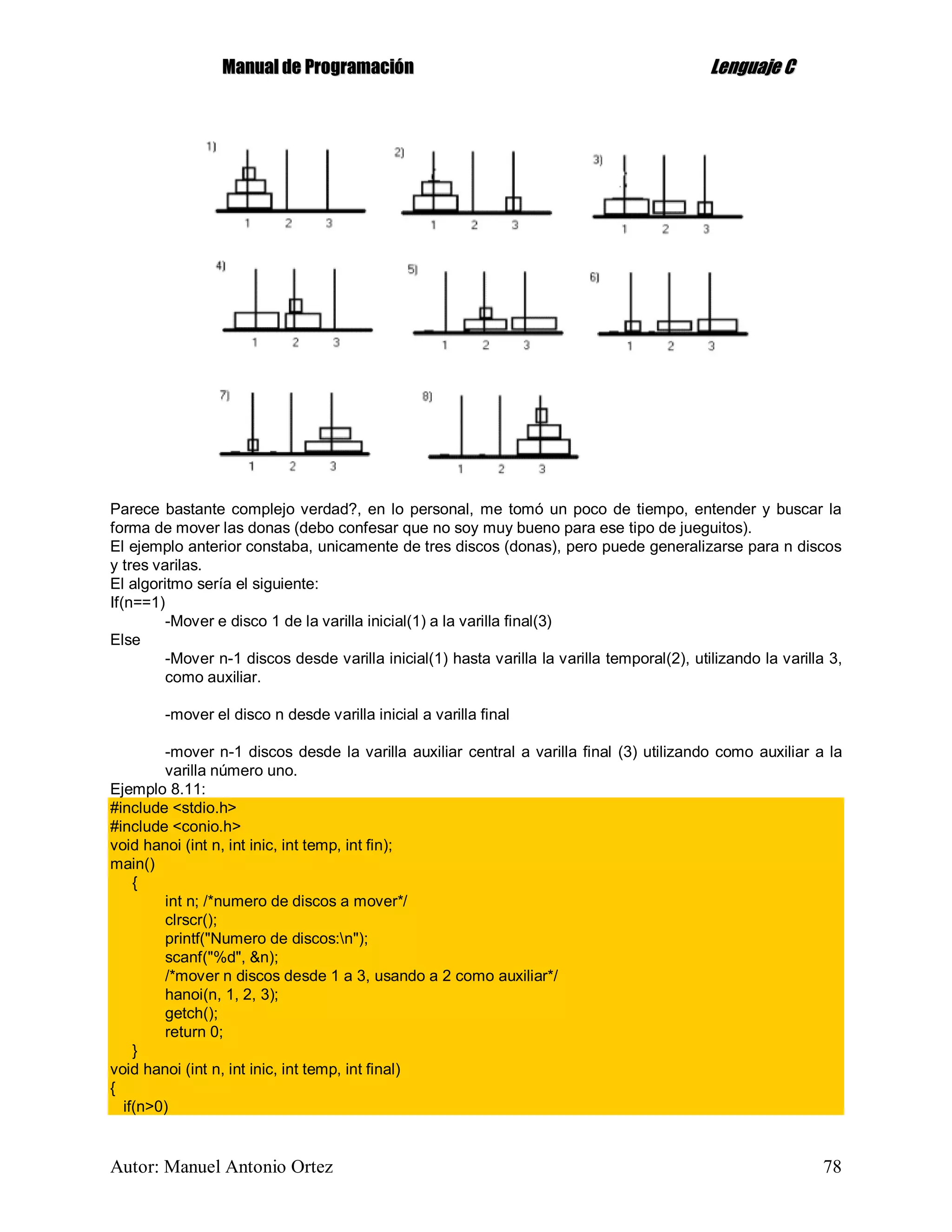 MMaannuuaall ddee PPrrooggrraammaacciióónn LLeenngguuaajjee CC
Autor: Manuel Antonio Ortez 78
Parece bastante complejo verdad?, en lo personal, me tomó un poco de tiempo, entender y buscar la
forma de mover las donas (debo confesar que no soy muy bueno para ese tipo de jueguitos).
El ejemplo anterior constaba, unicamente de tres discos (donas), pero puede generalizarse para n discos
y tres varilas.
El algoritmo sería el siguiente:
If(n==1)
-Mover e disco 1 de la varilla inicial(1) a la varilla final(3)
Else
-Mover n-1 discos desde varilla inicial(1) hasta varilla la varilla temporal(2), utilizando la varilla 3,
como auxiliar.
-mover el disco n desde varilla inicial a varilla final
-mover n-1 discos desde la varilla auxiliar central a varilla final (3) utilizando como auxiliar a la
varilla número uno.
Ejemplo 8.11:
#include <stdio.h>
#include <conio.h>
void hanoi (int n, int inic, int temp, int fin);
main()
{
int n; /*numero de discos a mover*/
clrscr();
printf("Numero de discos:n");
scanf("%d", &n);
/*mover n discos desde 1 a 3, usando a 2 como auxiliar*/
hanoi(n, 1, 2, 3);
getch();
return 0;
}
void hanoi (int n, int inic, int temp, int final)
{
if(n>0)
 