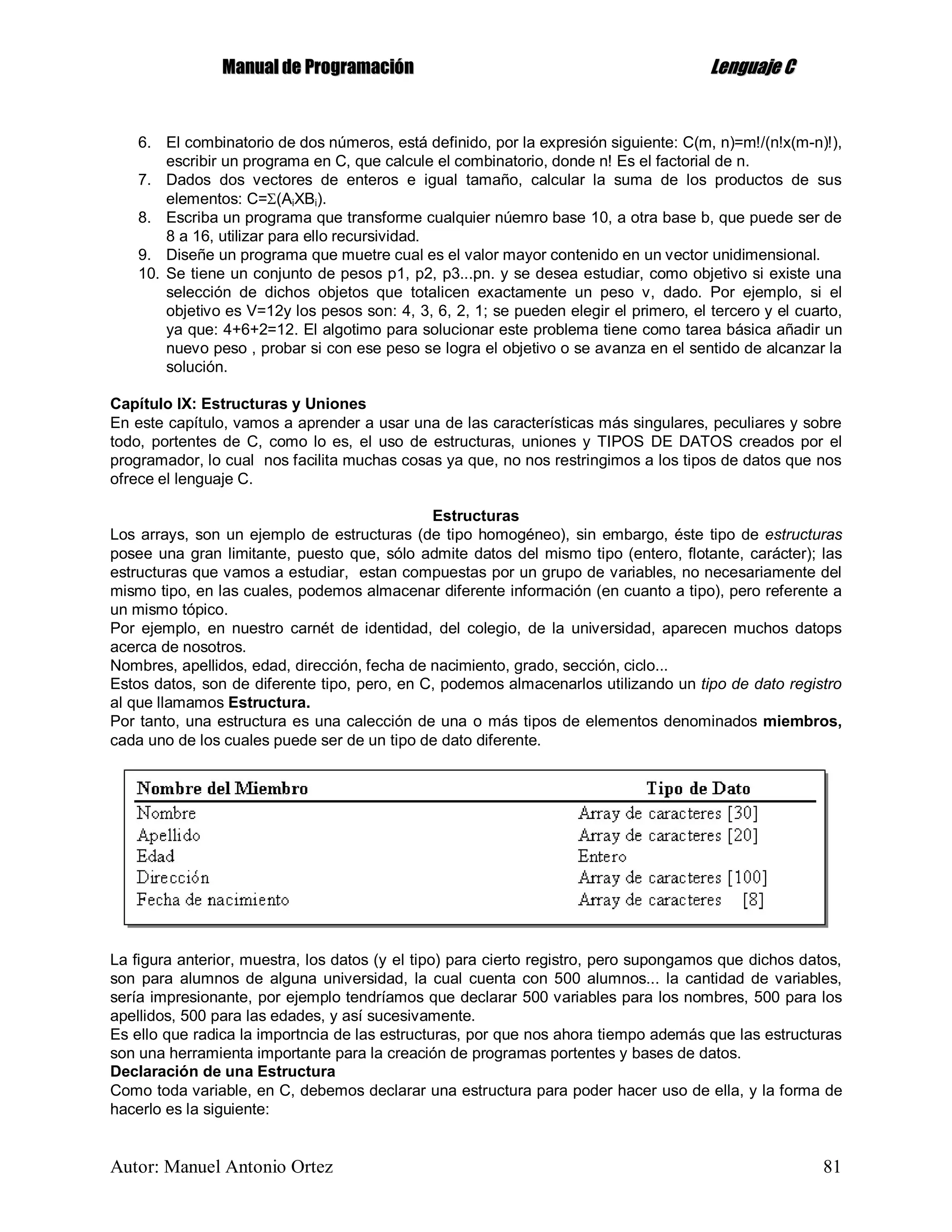 MMaannuuaall ddee PPrrooggrraammaacciióónn LLeenngguuaajjee CC
Autor: Manuel Antonio Ortez 81
6. El combinatorio de dos números, está definido, por la expresión siguiente: C(m, n)=m!/(n!x(m-n)!),
escribir un programa en C, que calcule el combinatorio, donde n! Es el factorial de n.
7. Dados dos vectores de enteros e igual tamaño, calcular la suma de los productos de sus
elementos: C=(AiXBi).
8. Escriba un programa que transforme cualquier núemro base 10, a otra base b, que puede ser de
8 a 16, utilizar para ello recursividad.
9. Diseñe un programa que muetre cual es el valor mayor contenido en un vector unidimensional.
10. Se tiene un conjunto de pesos p1, p2, p3...pn. y se desea estudiar, como objetivo si existe una
selección de dichos objetos que totalicen exactamente un peso v, dado. Por ejemplo, si el
objetivo es V=12y los pesos son: 4, 3, 6, 2, 1; se pueden elegir el primero, el tercero y el cuarto,
ya que: 4+6+2=12. El algotimo para solucionar este problema tiene como tarea básica añadir un
nuevo peso , probar si con ese peso se logra el objetivo o se avanza en el sentido de alcanzar la
solución.
Capítulo IX: Estructuras y Uniones
En este capítulo, vamos a aprender a usar una de las características más singulares, peculiares y sobre
todo, portentes de C, como lo es, el uso de estructuras, uniones y TIPOS DE DATOS creados por el
programador, lo cual nos facilita muchas cosas ya que, no nos restringimos a los tipos de datos que nos
ofrece el lenguaje C.
Estructuras
Los arrays, son un ejemplo de estructuras (de tipo homogéneo), sin embargo, éste tipo de estructuras
posee una gran limitante, puesto que, sólo admite datos del mismo tipo (entero, flotante, carácter); las
estructuras que vamos a estudiar, estan compuestas por un grupo de variables, no necesariamente del
mismo tipo, en las cuales, podemos almacenar diferente información (en cuanto a tipo), pero referente a
un mismo tópico.
Por ejemplo, en nuestro carnét de identidad, del colegio, de la universidad, aparecen muchos datops
acerca de nosotros.
Nombres, apellidos, edad, dirección, fecha de nacimiento, grado, sección, ciclo...
Estos datos, son de diferente tipo, pero, en C, podemos almacenarlos utilizando un tipo de dato registro
al que llamamos Estructura.
Por tanto, una estructura es una calección de una o más tipos de elementos denominados miembros,
cada uno de los cuales puede ser de un tipo de dato diferente.
La figura anterior, muestra, los datos (y el tipo) para cierto registro, pero supongamos que dichos datos,
son para alumnos de alguna universidad, la cual cuenta con 500 alumnos... la cantidad de variables,
sería impresionante, por ejemplo tendríamos que declarar 500 variables para los nombres, 500 para los
apellidos, 500 para las edades, y así sucesivamente.
Es ello que radica la importncia de las estructuras, por que nos ahora tiempo además que las estructuras
son una herramienta importante para la creación de programas portentes y bases de datos.
Declaración de una Estructura
Como toda variable, en C, debemos declarar una estructura para poder hacer uso de ella, y la forma de
hacerlo es la siguiente:
 