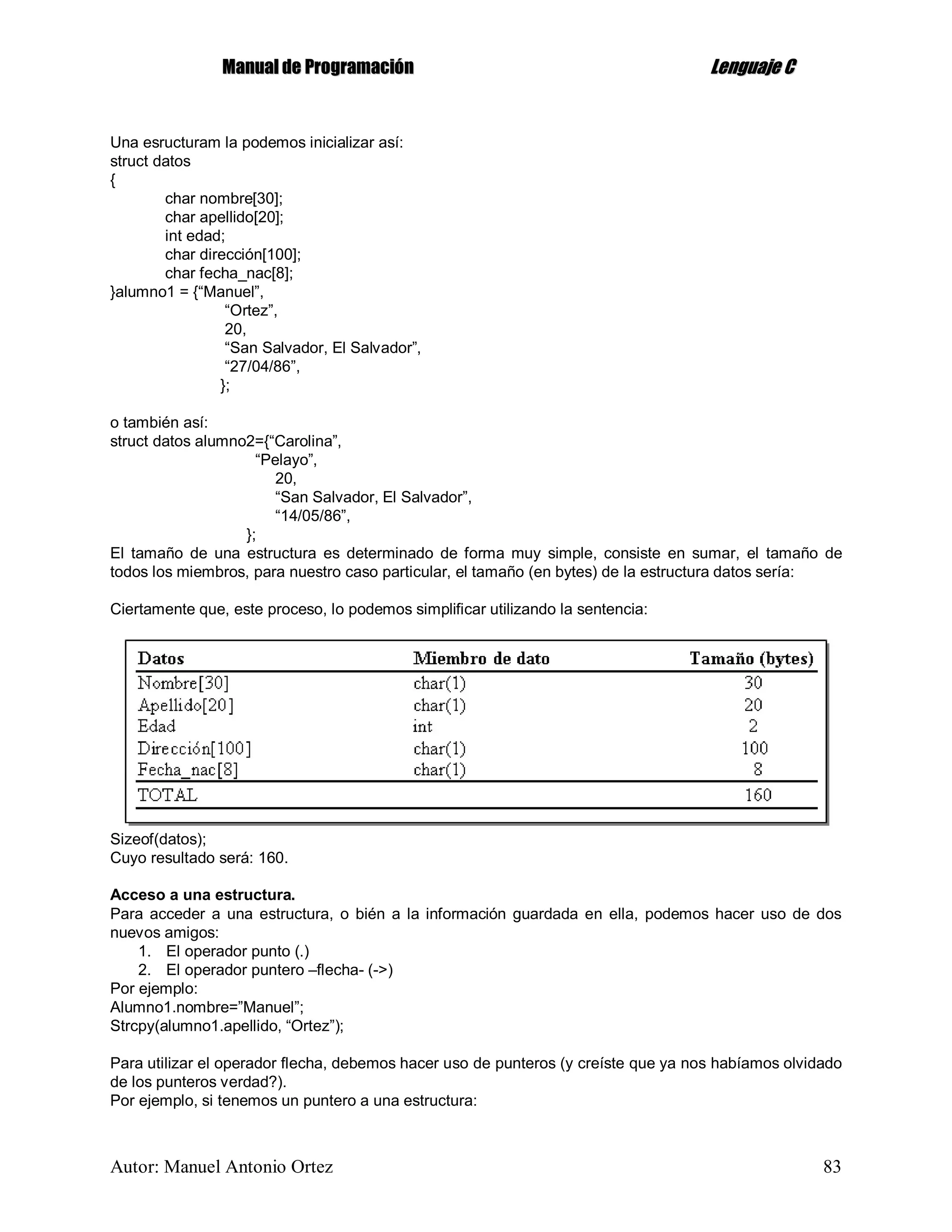 MMaannuuaall ddee PPrrooggrraammaacciióónn LLeenngguuaajjee CC
Autor: Manuel Antonio Ortez 83
Una esructuram la podemos inicializar así:
struct datos
{
char nombre[30];
char apellido[20];
int edad;
char dirección[100];
char fecha_nac[8];
}alumno1 = {“Manuel”,
“Ortez”,
20,
“San Salvador, El Salvador”,
“27/04/86”,
};
o también así:
struct datos alumno2={“Carolina”,
“Pelayo”,
20,
“San Salvador, El Salvador”,
“14/05/86”,
};
El tamaño de una estructura es determinado de forma muy simple, consiste en sumar, el tamaño de
todos los miembros, para nuestro caso particular, el tamaño (en bytes) de la estructura datos sería:
Ciertamente que, este proceso, lo podemos simplificar utilizando la sentencia:
Sizeof(datos);
Cuyo resultado será: 160.
Acceso a una estructura.
Para acceder a una estructura, o bién a la información guardada en ella, podemos hacer uso de dos
nuevos amigos:
1. El operador punto (.)
2. El operador puntero –flecha- (->)
Por ejemplo:
Alumno1.nombre=”Manuel”;
Strcpy(alumno1.apellido, “Ortez”);
Para utilizar el operador flecha, debemos hacer uso de punteros (y creíste que ya nos habíamos olvidado
de los punteros verdad?).
Por ejemplo, si tenemos un puntero a una estructura:
 