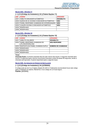 Manual de Instalação e Programação

SEÇÃO [32] – OPÇÕES 11
[ ∗ ] [ 8 ] [Código do Instalador] [ 32 ] [Tabela Opções 11]
LED     ACESO                                                   APAGADO
LED1 HABILITA DISCADOR AUTOMÁTICO                               DESABILITA
LED2 QUEDA DE AC ACIONA O DISCADOR AUTOMÁTICO                   NÃO
LED3 PAINEL RESPONDE CHAMADAS DE INTERROGAÇÃO                   NÃO
LED4 COAÇÃO ACIONA O DISCADOR AUTOMÁTICO                        NÃO
LED5 RESERVADO
LED6 RESERVADO

SEÇÃO [33] – OPÇÕES 12
[ ∗ ] [ 8 ] [Código do Instalador] [ 33 ] [Tabela Opções 12]
LED     ACESO                                        APAGADO
LED1 HABILITA CALLBACK                               DESABILITA
LED2 PAINEL RESPONDE CHAMADAS DE                     NÃO RESPONDE
     UPLOAD/DOWNLOAD
LED3 RESPOSTA DO PAINEL CHAMADA DUPLA                NÚMERO DE CHAMADAS
LED4 RESERVADO
LED5 RESERVADO
LED6 RESERVADO
Nota:
Chamada Dupla: A primeira chamada deve ter pelo menos dois toques. A segunda chamada deve
ocorrer 10 segundos após o término da primeira chamada e antes de passar 60 segundos, senão a
chamada será ignorada. O painel responderá após o segundo toque.

SEÇÃO [34] - ALTERAÇÃO DO CÓDIGO DO INSTALADOR
[ ∗ ] [ 8 ] [Código do Instalador] [ 34 ] [CÓDIGO]
O código pode ser de 4 ou 6 dígitos (Seção 20 LED 4). É altamente recomendável trocar este código
após a instalação do sistema. Mantenha o novo código em um local seguro.
Padrão: [ 0 2 6 9 ]




                                                24
 