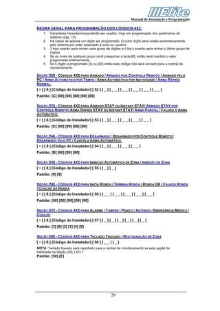 Manual de Instalação e Programação

REGRA GERAL PARA PROGRAMAÇÃO DOS CÓDIGOS 4X2:
    1.   Caracteres Hexadecimal poderão ser usados. Veja em programação dos parâmetros do
         sistema (pág. 18).
    2.   Há casos de apenas um digito ser programado. O outro dígito será criado automaticamente
         pelo sistema por estar associado à zona ou usuário.
    3.   3 bips soarão após entrar cada grupo de dígitos e 6 bip’s soarão após entrar o último grupo de
         dígitos,
    4.   Se ao invés de qualquer grupo você pressionar a tecla [#], então será mantido o valor
         programado anteriormente.
    5.   Se o dígito é programado [0] ou [00] então este código não será enviado para a central de
         monitoramento.

SEÇÃO [52] - CÓDIGOS 4X2 PARA ARMADO / ARMADO POR CONTROLE REMOTO / ARMADO PELO
PC / ARMA AUTOMÁTICO POR TEMPO / ARMA AUTOMÁTICO POR INATIVIDADE / ARMA RÁPIDO
NORMAL.
[ ∗ ] [ 8 ] [Código do Instalador] [ 52 ] [ _ ] [ _ _ ] [ _ _ ] [ _ _ ] [ _ _ ] [ _ _ ]
Padrão: [C] [00] [00] [00] [00] [00]

SEÇÃO [53] - CÓDIGOS 4X2 PARA ARMADO STAY OU INSTANT STAY/ ARMADO STAY POR
CONTROLE REMOTO/ ARMA RÁPIDO STAY OU INSTANT STAY/ ARMA PARCIAL / FALHOU O ARMA
AUTOMÁTICO.
[ ∗ ] [ 8 ] [Código do Instalador] [ 53 ] [ _ ] [ _ _ ] [ _ _ ] [ _ _ ] [ _ _ ]
Padrão: [C] [00] [00] [00] [00]

SEÇÃO [54] - CÓDIGOS 4X2 PARA DESARMADO / DESARMADO POR CONTROLE REMOTO /
DESARMADO PELO PC / CANCELA ARMA AUTOMÁTICO.
[ ∗ ] [ 8 ] [Código do Instalador] [ 54 ] [ _ ] [ _ _ ] [ _ _ ] [ _ _ ]
Padrão: [B] [00] [00] [00]

SEÇÃO [55] - CÓDIGOS 4X2 PARA INIBIÇÃO AUTOMÁTICA DE ZONA / INIBIÇÃO DE ZONA
[ ∗ ] [ 8 ] [Código do Instalador] [ 55 ] [ _ ] [ _ ]
Padrão: [0] [0]

SEÇÃO [56] - CÓDIGOS 4X2 PARA INICIA RONDA / TERMINA RONDA / RONDA OK / FALHOU RONDA
/ COAÇÃO NA RONDA
[ ∗ ] [ 8 ] [Código do Instalador] [ 56 ] [ _ _ ] [ _ _ ] [ _ _ ] [ _ _ ] [ _ _ ]
Padrão: [00] [00] [00] [00] [00]

SEÇÃO [57] - CÓDIGOS 4X2 PARA ALARME / TAMPER / PÂNICO / INCÊNDIO / EMERGÊNCIA MÉDICA /
COAÇÃO
[ ∗ ] [ 8 ] [Código do Instalador] [ 57 ] [ _ ] [ _ ] [ _ ] [ _ ] [ _ ] [ _ ]
Padrão: [3] [0] [2] [1] [4] [0]

SEÇÃO [58] - CÓDIGOS 4X2 PARA TECLADO TRAVADO / RESTAURAÇÃO DE ZONA
[ ∗ ] [ 8 ] [Código do Instalador] [ 58 ] [ _ _ ] [ _ ]
NOTA: Teclado travado será reportado para a central de monitoramento se esta opção for
habilitada na Seção [20], LED 1.
Padrão: [50] [E]




                                                    29
 