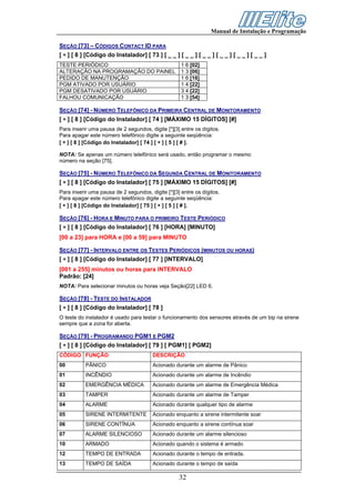 Manual de Instalação e Programação

SEÇÃO [73] – CÓDIGOS CONTACT ID PARA
[ ∗ ] [ 8 ] [Código do Instalador] [ 73 ] [ _ _ ] [ _ _ ] [ _ _ ] [ _ _ ] [ _ _ ] [ _ _ ]
TESTE PERIÓDICO                                     1 6 [02]
ALTERAÇÃO NA PROGRAMAÇÃO DO PAINEL                  1 3 [06]
PEDIDO DE MANUTENÇÃO                                1 6 [16]
PGM ATIVADO POR USUÁRIO                             1 4 [22]
PGM DESATIVADO POR USUÁRIO                          3 4 [22]
FALHOU COMUNICAÇÃO                                  1 3 [54]

SEÇÃO [74] - NÚMERO TELEFÔNICO DA PRIMEIRA CENTRAL DE MONITORAMENTO
[ ∗ ] [ 8 ] [Código do Instalador] [ 74 ] [MÁXIMO 15 DÍGITOS] [#]
Para inserir uma pausa de 2 segundos, digite [*][3] entre os dígitos.
Para apagar este número telefônico digite a seguinte seqüência:
[ ∗ ] [ 8 ] [Código do Instalador] [ 74 ] [ ∗ ] [ 5 ] [ # ].

NOTA: Se apenas um número telefônico será usado, então programar o mesmo
número na seção [75].

SEÇÃO [75] - NÚMERO TELEFÔNICO DA SEGUNDA CENTRAL DE MONITORAMENTO
[ ∗ ] [ 8 ] [Código do Instalador] [ 75 ] [MÁXIMO 15 DÍGITOS] [#]
Para inserir uma pausa de 2 segundos, digite [*][3] entre os dígitos.
Para apagar este número telefônico digite a seguinte seqüência:
[ ∗ ] [ 8 ] [Código do Instalador] [ 75 ] [ ∗ ] [ 5 ] [ # ].

SEÇÃO [76] - HORA E MINUTO PARA O PRIMEIRO TESTE PERIÓDICO
[ ∗ ] [ 8 ] [Código do Instalador] [ 76 ] [HORA] [MINUTO]
[00 a 23] para HORA e [00 a 59] para MINUTO

SEÇÃO [77] - INTERVALO ENTRE OS TESTES PERIÓDICOS (MINUTOS OU HORAS)
[ ∗ ] [ 8 ] [Código do Instalador] [ 77 ] [INTERVALO]
[001 a 255] minutos ou horas para INTERVALO
Padrão: [24]
NOTA: Para selecionar minutos ou horas veja Seção[22] LED 6.

SEÇÃO [78] - TESTE DO INSTALADOR
[ ∗ ] [ 8 ] [Código do Instalador] [ 78 ]
O teste do instalador é usado para testar o funcionamento dos sensores através de um bip na sirene
sempre que a zona for aberta.

SEÇÃO [79] - PROGRAMANDO PGM1 E PGM2
[ ∗ ] [ 8 ] [Código do Instalador] [ 79 ] [ PGM1] [ PGM2]
CÓDIGO FUNÇÃO                           DESCRIÇÃO
00         PÂNICO                       Acionado durante um alarme de Pânico
01         INCÊNDIO                     Acionado durante um alarme de Incêndio
02         EMERGÊNCIA MÉDICA            Acionado durante um alarme de Emergência Médica
03         TAMPER                       Acionado durante um alarme de Tamper
04         ALARME                       Acionado durante qualquer tipo de alarme
05         SIRENE INTERMITENTE          Acionado enquanto a sirene intermitente soar
06         SIRENE CONTÍNUA              Acionado enquanto a sirene contínua soar
07         ALARME SILENCIOSO            Acionado durante um alarme silencioso
10         ARMADO                       Acionado quando o sistema é armado
12         TEMPO DE ENTRADA             Acionado durante o tempo de entrada.
13         TEMPO DE SAÍDA               Acionado durante o tempo de saída

                                                   32
 