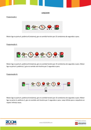 LANÇADOR
Programação I:
Motor liga na porta A, potência 8 (máxima), gira no sentido horário por 25 centésimos de segundos e para.
Programação II:
Motor liga na porta A, potência 8 (máxima), gira no sentido horário por 25 centésimos de segundos e para. Motor
liga na porta A, potência 2, gira no sentido anti-horário por 2 segundos e para.
Programação III:
Motor liga na porta A, potência 8 (máxima), gira no sentido horário por 25 centésimos de segundos e para. Motor
liga na porta A, potência 2, gira no sentido anti-horário por 2 segundos e para. Loop infinito para a sequência se
repetir infinitas vezes.
 
