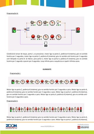 Programação III:
Condicional sensor de toque, porta 1, se pressionar, motor liga na porta C, potência 8 (máxima), gira no sentido
horário por 3 segundos, motor liga na porta C, potência 8 (máxima), gira no sentido anti-horário por 3 segundos
com lâmpada na porta B. Se liberar, para porta C, motor liga na porta A, potência 8 (máxima), gira no sentido
horário por 1 segundo e param por 4 segundos. Loop infinito para a sequência se repetir infinitas vezes.
GUINDASTE
Programação I:
Motor liga na porta C, potência 8 (máxima), gira no sentido horário por 5 segundos e para. Motor liga na porta A,
potência 8 (máxima), gira no sentido horário por 3 segundos e para. Motor liga na porta C, potência 8 (máxima),
gira no sentido horário por 2 segundos e para. Motor liga na porta A, potência 8 (máxima), gira no sentido anti-
horário por 3 segundos e para.
Programação II:
Motor liga na porta C, potência 8 (máxima), gira no sentido horário por 5 segundos e para. Motor liga na porta A,
potência 8 (máxima), gira no sentido horário por 3 segundos e para. Motor liga na porta C, potência 8 (máxima),
 