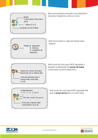 Este ícone reproduz acordes com específica
duração, freqüência, oitavo e nota.
Este ícone indica o valor do tempo para
esperar.
Este ícone faz com que o RCX aguarde a
pressão ou liberação do sensor de toque
conectado na porta específica.
Este ícone faz com que o RCX aguarde até
que o sensor de luz leia um certo valor.
 