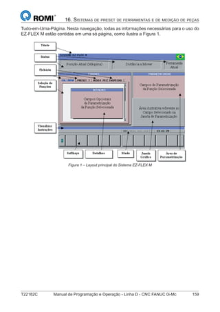 T22182C Manual de Programação e Operação - Linha D - CNC FANUC 0i-Mc 159
16. SISTEMAS DE PRESET DE FERRAMENTAS E DE MEDIÇÃO DE PEÇAS
Tudo-em-Uma-Página. Nesta navegação, todas as informações necessárias para o uso do
EZ-FLEX M estão contidas em uma só página, como ilustra a Figura 1.
Figura 1 – Layout principal do Sistema EZ-FLEX M
 