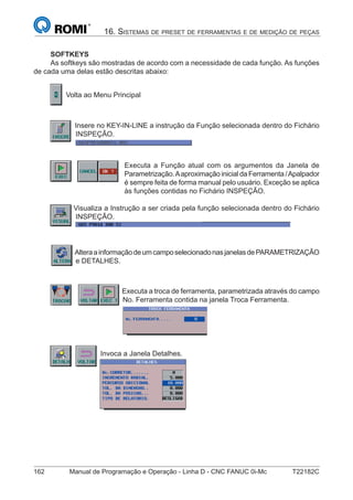 162 Manual de Programação e Operação - Linha D - CNC FANUC 0i-Mc T22182C
16. SISTEMAS DE PRESET DE FERRAMENTAS E DE MEDIÇÃO DE PEÇAS
SOFTKEYS
As softkeys são mostradas de acordo com a necessidade de cada função. As funções
de cada uma delas estão descritas abaixo:
Volta ao Menu Principal
Insere no KEY-IN-LINE a instrução da Função selecionada dentro do Fichário
INSPEÇÃO.
Executa a Função atual com os argumentos da Janela de
Parametrização.Aaproximação inicial da Ferramenta /Apalpador
é sempre feita de forma manual pelo usuário. Exceção se aplica
às funções contidas no Fichário INSPEÇÃO.
Visualiza a Instrução a ser criada pela função selecionada dentro do Fichário
INSPEÇÃO.
AlteraainformaçãodeumcamposelecionadonasjanelasdePARAMETRIZAÇÃO
e DETALHES.
Executa a troca de ferramenta, parametrizada através do campo
No. Ferramenta contida na janela Troca Ferramenta.
Invoca a Janela Detalhes.
 