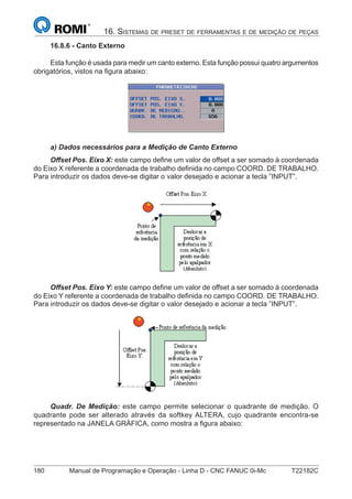 180 Manual de Programação e Operação - Linha D - CNC FANUC 0i-Mc T22182C
16. SISTEMAS DE PRESET DE FERRAMENTAS E DE MEDIÇÃO DE PEÇAS
16.8.6 - Canto Externo
Esta função é usada para medir um canto externo. Esta função possui quatro argumentos
obrigatórios, vistos na ﬁgura abaixo:
a) Dados necessários para a Medição de Canto Externo
Offset Pos. Eixo X: este campo deﬁne um valor de offset a ser somado à coordenada
do Eixo X referente a coordenada de trabalho deﬁnida no campo COORD. DE TRABALHO.
Para introduzir os dados deve-se digitar o valor desejado e acionar a tecla ”INPUT”.
Offset Pos. Eixo Y: este campo deﬁne um valor de offset a ser somado à coordenada
do Eixo Y referente a coordenada de trabalho deﬁnida no campo COORD. DE TRABALHO.
Para introduzir os dados deve-se digitar o valor desejado e acionar a tecla ”INPUT”.
Quadr. De Medição: este campo permite selecionar o quadrante de medição. O
quadrante pode ser alterado através da softkey ALTERA, cujo quadrante encontra-se
representado na JANELA GRÁFICA, como mostra a ﬁgura abaixo:
 