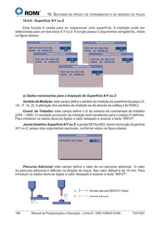 196 Manual de Programação e Operação - Linha D - CNC FANUC 0i-Mc T22182C
16. SISTEMAS DE PRESET DE FERRAMENTAS E DE MEDIÇÃO DE PEÇAS
16.9.6 - Superfície X/Y ou Z
Esta função é usada para se inspecionar uma superfície. A medição pode ser
selecionada para um dos eixos X,Y ou Z. A função possui 2 argumentos obrigatórios, vistos
na ﬁgura abaixo:
a) Dados necessários para a Inspeção de Superfície X/Y ou Z
Sentido de Medição: este campo deﬁne o sentido da medição da superfície da peça (-X,
+X, -Y, +X, Z). A alteração dos sentidos de medição se dá através da softkey [ ALTERA ].
Coord. de Trabalho: este campo deﬁne o G do sistema de coordenada de trabalho
(G54 ~ G59). O resultado produzido da medição será transferido para o código G deﬁnido.
Para introduzir os dados deve-se digitar o valor desejado e acionar a tecla ”INPUT”.
Janela Detalhes Superfície X/Y ou Z: a janela DETALHES, dentro da função Superfície
X/Y ou Z, possui dois argumentos opcionais, conforme vistos na ﬁgura abaixo.
Percurso Adicional: este campo deﬁne o valor de um percurso adicional.. O valor
do percurso adicional é deﬁnido na direção de toque. Seu valor default é de 10 mm. Para
introduzir os dados deve-se digitar o valor desejado e acionar a tecla ”INPUT”.
 