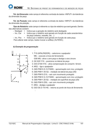 T22182C Manual de Programação e Operação - Linha D - CNC FANUC 0i-Mc 197
16. SISTEMAS DE PRESET DE FERRAMENTAS E DE MEDIÇÃO DE PEÇAS
Tol. da Dimensão: este campo é referente a entrada de dados <INPUT> da tolerância
da dimensão da peça.
Tol. da Posição: este campo é referente a entrada de dados <INPUT> da tolerância
da dimensão da posição.
Tipo de Relatório: este campo é referente a o tipo de relatório que será gerado. Dentro
das alternativas existem:
- Desligad = Indica que a geração de relatório será desligada
- Inc. Car = Indica que o relatório será gerado em função de cada característica
da peça (rebaixo, ressalto, etc…)
- Inc. Pec = Indica que o relatório será gerado em função de cada peça.
Para alterar este campo, basta invocar a softkey [ ALTERA ].
b) Exemplo de programação
:
1. T10 (APALPADOR); - seleciona o apalpador
M6; - executa a troca de ferramenta
G56 M5;- ativa o zero-peça e desliga o eixo árvore
2. G0 X20 Y10; - posiciona na lateral da peça
3. G43 Z100 H10; - ativa compensação do comprim. ferram.
4. M52; - liga o apalpador
5. G65 P9810 Z-15 F5000; - aproximação com mov. protegido
6. G65 P9811 X0 S2; - medição da lateral da peça (X0)
7. G65 P9810 Z10; - sair com movimento protegido
8. G65 P9810 X-10 F5000; - aproximação com mov. protegido
9. G65 P9811 Z0 S2; - medição da superfície da peça (Z0)
10. G65 P9810 Z50; - sair com movimento protegido
11. M53; - desliga o apalpador
12. G53 G0 Z-110 H0; - retorna ao ponto de troca de ferramenta
:
 