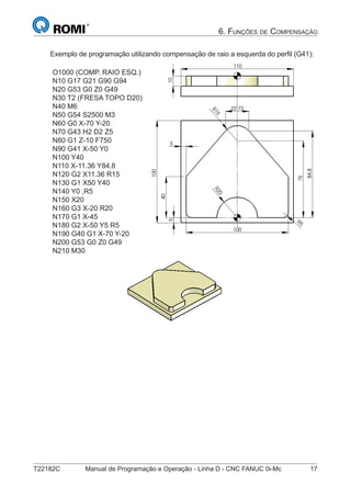 T22182C Manual de Programação e Operação - Linha D - CNC FANUC 0i-Mc 17
6. FUNÇÕES DE COMPENSAÇÃO
Exemplo de programação utilizando compensação de raio a esquerda do perﬁl (G41):
O1000 (COMP. RAIO ESQ.)
N10 G17 G21 G90 G94
N20 G53 G0 Z0 G49
N30 T2 (FRESA TOPO D20)
N40 M6
N50 G54 S2500 M3
N60 G0 X-70 Y-20
N70 G43 H2 D2 Z5
N80 G1 Z-10 F750
N90 G41 X-50 Y0
N100 Y40
N110 X-11.36 Y84.8
N120 G2 X11.36 R15
N130 G1 X50 Y40
N140 Y0 ,R5
N150 X20
N160 G3 X-20 R20
N170 G1 X-45
N180 G2 X-50 Y5 R5
N190 G40 G1 X-70 Y-20
N200 G53 G0 Z0 G49
N210 M30
110
10
R15
22,72
100
84,8
100
R20
40
5R
5
5
75
110
22,72
84,8
100
5R
75
 