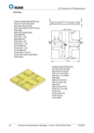 22 Manual de Programação e Operação - Linha D - CNC FANUC 0i-Mc T22182C
6. FUNÇÕES DE COMPENSAÇÃO
Exemplo:
O0005 (IMAGEM ESPELHO);
N10 G17 G21 G90 G94;
N20 G53 G0 Z0 G49;
N30 T05 (FRESA TOPO D14);
N40 M06;
N50 G54 S2200 M03;
N60 M98 P6;
N70 G51.1 X0;
N80 M98 P6;
N90 G50.1 X0;
N100 G51.1 Y0;
N110 M98 P6;
N120 G51.1 X0;
N130 M98 P6;
N140 G50.1 X0 Y0;
N150 G53 G0 Z0 G49 M09;
N160 M30;
25
15
R8
20
70
75
10R
R
10
R
5
20
200
A A
10
20
25
15
R8
20
70
75
10R
R
10
R
5
20
200
A A
10
20
O0006 (SUB ESPELHO);
N10 G0 X35 Y25 M8;
N20 G43 H5 D5 Z2;
N30 G1 Z-10 F200;
N40 G41 Y15 F600;
N50 X85;
N60 G3 Y35 R10;
N70 G1 X45 ,R5;
N80 Y80;
N90 G3 X25 R10;
N100 G1 Y15 ,R8;
N110 X35;
N120 G40 Y25;
N130 G0 Z5;
N140 M99;
 