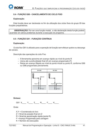 T22182C Manual de Programação e Operação - Linha D - CNC FANUC 0i-Mc 41
8. FUNÇÕES QUE SIMPLIFICAM A PROGRAMAÇÃO (CICLOS FIXOS)
8.4 - FUNÇÃO G80 - CANCELAMENTO DE CICLO FIXO
Explanação:
Esta função deve ser declarada no ﬁm da utilização dos ciclos ﬁxos do grupo 09 das
funções preparatórias.
OBSERVAÇÃO: Por ser uma função modal, a não declaração desta função poderá
acarretar em sérios problemas durante a execução do programa.
8.5 - FUNÇÃO G81 - FURAÇÃO CONTÍNUA
Explanação:
O ciclo ﬁxo G81 é utilizado para a operação de furação sem efetuar quebra ou descarga
de cavaco.
Descrição das operações do ciclo Fixo
A ferramenta aproxima em avanço rápido ao nível do ponto R
Usina até a profundidade ﬁnal (Z) em avanço programado (F)
Retrai em avanço Rápido ao nível do ponto inicial ou ponto R, conforme G99
ou G98 programado previamente.
Sintaxe:
G81 X____ Y____ Z____ R____ F____ K____
Onde:
X,Y = Coordenada do furo
Z = Nível da posição ﬁnal em Z
R = Nível de aproximação rápida (ponto R)
F = Avanço Programado para usinagem
K = Número de execuções
–
–
–
 