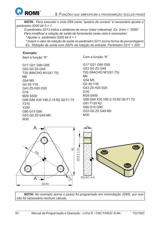 50 Manual de Programação e Operação - Linha D - CNC FANUC 0i-Mc T22182C
8. FUNÇÕES QUE SIMPLIFICAM A PROGRAMAÇÃO (CICLOS FIXOS)
NOTA: Para executar o ciclo G84 como “quebra de cavaco” é necessário ajustar o
parâmetro 5200 bit 5 = 1.
O parâmetro 5213 indica a distância de recuo (valor milesimal). Ex: 2mm = “2000”.
Para modiﬁcar a rotação de saída da ferramenta neste ciclo é necessário:
* Ajustar o parâmetro 5200 bit 4 = 1
* Inserir o valor da rotação de saída no parâmetro 5211 (como forma de porcentagem)
Ex.: Rotação de saída com 200% da rotação de entrada: Parâmetro 5211 = 200
Exemplo:
Sem a função “K”
G17 G21 G90 G95
G53 G0 Z0 G49
T20 (MACHO M12X1.75)
M6
G54 M5
G0 X0 Y35
G43 Z5 H20 D20
G16
M29 S500
G99 G84 X35 Y90 Z-18 R2 Q5 F1.75
Y210
Y330
G80 G15 G90
G53 G0 Z0 G49 M5
M30
Com a função “K”
G17 G21 G90 G95
G53 G0 Z0 G49
T20 (MACHO M12X1.75)
M6
G54 M5
G0 X0 Y35
G43 Z5 H20 D20
G16
M29 S500
G99 G84 X35 Y90 Z-18 R2 Q5 F1.75
G91 Y120 K2
G80 G15 G90
G53 G0 Z0 G49 M5
M30
103,92
90
R35
R10
A
A SEÇÃO A-A
15
M12X1.75
90
R10
SEÇÃO A-A
15
M12X1.75
NOTA: No exemplo acima o passo foi programado em mm/rotação (G95), por isso
não foi necessário nenhum cálculo.
 