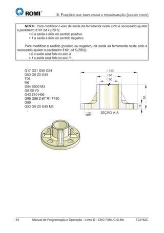 54 Manual de Programação e Operação - Linha D - CNC FANUC 0i-Mc T22182C
8. FUNÇÕES QUE SIMPLIFICAM A PROGRAMAÇÃO (CICLOS FIXOS)
NOTA: Para modiﬁcar o eixo de saída da ferramenta neste ciclo é necessário ajustar
o parâmetro 5101 bit 4 (RD1);
= 0 a saída é feita no sentido positivo.
= 1 a saída é feita no sentido negativo.
Para modiﬁcar o sentido (positivo ou negativo) da saída da ferramenta neste ciclo é
necessário ajustar o parâmetro 5101 bit 5 (RD2);
= 0 a saída será feita no eixo X
= 1 a saída será feita no eixo Y.
:
G17 G21 G90 G94
G53 G0 Z0 G49
T06
M6
G54 S800 M3
G0 X0 Y0
G43 Z10 H06
G98 G86 Z-67 R1 F160
G80
G53 G0 Z0 G49 M5
:
SEÇÃO A-A
65
50
20
65
15
150
SEÇÃO A-A
65
50
20
65
15
150
 