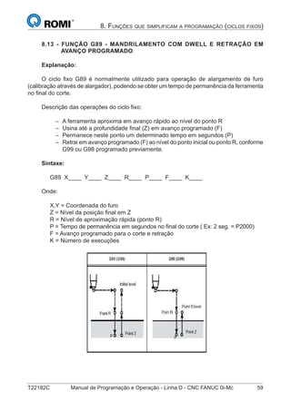 T22182C Manual de Programação e Operação - Linha D - CNC FANUC 0i-Mc 59
8. FUNÇÕES QUE SIMPLIFICAM A PROGRAMAÇÃO (CICLOS FIXOS)
8.13 - FUNÇÃO G89 - MANDRILAMENTO COM DWELL E RETRAÇÃO EM
AVANÇO PROGRAMADO
Explanação:
O ciclo ﬁxo G89 é normalmente utilizado para operação de alargamento de furo
(calibração através de alargador), podendo se obter um tempo de permanência da ferramenta
no ﬁnal do corte.
Descrição das operações do ciclo ﬁxo:
A ferramenta aproxima em avanço rápido ao nível do ponto R
Usina até a profundidade ﬁnal (Z) em avanço programado (F)
Permanece neste ponto um determinado tempo em segundos (P)
Retrai em avanço programado (F) ao nível do ponto inicial ou ponto R, conforme
G99 ou G98 programado previamente.
Sintaxe:
G89 X____ Y____ Z____ R____ P____ F____ K____
Onde:
X,Y = Coordenada do furo
Z = Nível da posição ﬁnal em Z
R = Nível de aproximação rápida (ponto R)
P = Tempo de permanência em segundos no ﬁnal do corte ( Ex: 2 seg. = P2000)
F = Avanço programado para o corte e retração
K = Número de execuções
–
–
–
–
 