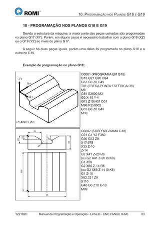 T22182C Manual de Programação e Operação - Linha D - CNC FANUC 0i-Mc 63
10. PROGRAMAÇÃO NOS PLANOS G18 E G19
10 - PROGRAMAÇÃO NOS PLANOS G18 E G19
Devido a estrutura da máquina, a maior parte das peças usinadas são programadas
no plano G17 (XY). Porém, em alguns casos é necessário trabalhar com o plano G18 (XZ)
ou o G19 (YZ) ao invés do plano G17.
A seguir há duas peças iguais, porém uma delas foi programada no plano G18 e a
outra no G19.
Exemplo de programação no plano G18:
Z+
Y+
X+
PLANO G18
O0001 (PROGRAMA EM G18)
G18 G21 G90 G94
G53 G0 Z0 G49
T01 (FRESA PONTA ESFÉRICA D8)
M6
G54 S3600 M3
G0 X-10 Y-4
G43 Z10 H01 D01
M98 P550002
G53 G0 Z0 G49
M30
35
35
10
20
35
35º
R8
100
O0002 (SUBPROGRAMA G18)
G91 G1 Y2 F360
G90 G42 Z0
X17.679
X35 Z-10
Z-14
G2 X41 Z-20 R6
(ou G2 X41 Z-20 I6 K0)
G1 X59
G2 X65 Z-14 R6
(ou G2 X65 Z-14 I0 K6)
G1 Z-10
X82.321 Z0
X110
G40 G0 Z10 X-10
M99
 