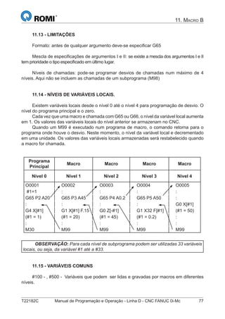 T22182C Manual de Programação e Operação - Linha D - CNC FANUC 0i-Mc 77
11. MACRO B
11.13 - LIMITAÇÕES
Formato: antes de qualquer argumento deve-se especiﬁcar G65
Mescla de especiﬁcações de argumentos I e II: se existe a mescla dos argumentos I e II
tem prioridade o tipo especiﬁcado em último lugar.
Níveis de chamadas: pode-se programar desvios de chamadas num máximo de 4
níveis. Aqui não se incluem as chamadas de um subprograma (M98)
11.14 - NÍVEIS DE VARIÁVEIS LOCAIS.
Existem variáveis locais desde o nível 0 até o nível 4 para programação de desvio. O
nível do programa principal e o zero.
Cada vez que uma macro e chamada com G65 ou G66, o nível da variável local aumenta
em 1. Os valores das variáveis locais do nível anterior se armazenam no CNC.
Quando um M99 é executado num programa de macro, o comando retorna para o
programa onde houve o desvio. Neste momento, o nível da variável local e decrementado
em uma unidade. Os valores das variáveis locais armazenadas será restabelecido quando
a macro for chamada.
Programa
Principal
Macro Macro Macro Macro
Nível 0 Nível 1 Nível 2 Nível 3 Nível 4
O0001 O0002 O0003 O0004 O0005
#1=1 : : : :
G65 P2 A20 G65 P3 A45 G65 P4 A0.2 G65 P5 A50 :
: : : : G0 X[#1]
G4 X[#1] G1 X[#1] F.15 G0 Z[-#1] G1 X32 F[#1] (#1 = 50)
(#1 = 1) (#1 = 20) (#1 = 45) (#1 = 0.2) :
: : : : :
M30 M99 M99 M99 M99
OBSERVAÇÃO: Para cada nível de subprograma podem ser utilizadas 33 variáveis
locais, ou seja, da variável #1 até a #33.
11.15 - VARIÁVEIS COMUNS
#100 - , #500 - Variáveis que podem ser lidas e gravadas por macros em diferentes
níveis.
 