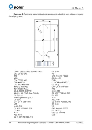 80 Manual de Programação e Operação - Linha D - CNC FANUC 0i-Mc T22182C
11. MACRO B
Exemplo 2: Programa parametrizado para criar uma subrotina sem utilizar o recurso
de subprograma:
210
30
100
R
150
10
R30
O0001 (PECA COM SUBROTINA)
G53 G0 Z0 G49
T15
M06
G54 S3600 M03
G00 X-65 Y0
G43 Z10 H15 D15
#1=0 (Z INICIAL)
#2=-20 (Z FINAL)
#3=2 (PROF. CORTE)
#4=[#1- #3] (VAR. CALCULO)
G0 Z[#1+2]
WHILE [#4 GT #2] DO1
G0 Z[#4]
G41 G1 X-50 F1000
Y75
X-30 ,R10
G2 X30 Y75 R30 ,R10
G1 X50
Y-75
X30 ,R10
G2 X-30 Y-75 R30 ,R10
G1 X-50
Y0
G40 X-65 Y0 F5000
#4=[#4- #3]
END1
(***ACABAMENTO***)
G0 Z[#2]
G41 G1 X-50 F1000
Y75
X-30 ,R10
G2 X30 Y75 R30 ,R10
G1 X50
Y-75
X30 ,R10
G2 X-30 Y-75 R30 ,R10
G1 X-50
Y0
G40 X-65 Y0 F5000
G0 Z[#1+2]
G53 G0 Z0 G49
M30
 