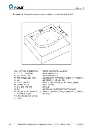 84 Manual de Programação e Operação - Linha D - CNC FANUC 0i-Mc T22182C
11. MACRO B
Exemplo 6: Programa parametrizado para fazer uma elipse real de 360º.
O0010 (PROG. PRINCIPAL)
N1 G17 G21 G90 G94
N2 G53 G0 Z0 G49
N3 T18 (FRESA D20 MM)
N4 M6
N5 G54 S3500 M3
N6 G0 X60 Y0 M8
N7 G43 Z10 H18 D18
N8 Z-2
N9 G65 X0 Y0 I80 J50 A0 B1 Q5
R10 F520 P2000
N10 G53 G0 Z0 G49 M9 M5
N11 M30
O2000 (SUBPROG. MACRO)
N1 #4=[#4/2]+#18
N2 #5=[#5/2]+#18
N3 G00 X[[#4+#17]*COS[#1]] Y[[#5+#17]*SIN[#1]]
N4 WHILE [#1 LT 360] DO1
N5 G01 X[#4*COS[#1]] Y[#5*SIN[#1]] F[#9]
N6 #1=#1+#2
N7 END1
N8 G01 X[#4*COS[360]] Y[#5*SIN[360]]
N9 G00 X[[#4+#17]*COS[#1]] Y[[#5+#17]*SIN[#1]]
N10 M99
 