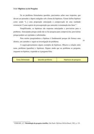 3.1.4 Hipótese (s) de Pesquisa


            Se no problema formulamos questões, precisamos achar suas respostas, que
devem ser pensadas e depois redigidas sob a forma de hipóteses. Ferrari define hipótese
como sendo “[...] uma proposição antecipada à comprovação de uma realidade
existencial. É uma espécie de pressuposição que antecede à constatação dos fatos”.1
            Simplificando, as hipóteses são respostas antecipadas e provisórias para o
problema. Antecipadas porque ainda não se fez pesquisa para comprová-las; provisórias
porque podem ser rejeitadas e substituídas.
            Para muitos pesquisadores a hipótese é fundamental porque ela fornece uma
                                                                                                        10
diretriz, um caminho a seguir na investigação do problema.
            A seguir,apresentamos alguns exemplos de hipóteses. Observe a relação entre
tema, problema (questões) e hipóteses. Repare ainda que no problema se pergunta,
enquanto na hipótese, responde-se à pergunta feita:



      Tema Delimitado                 Questão-problema                       Hipóteses de pesquisa




1
    FERRARI, A.T. Metodologia da pesquisa científica. São Paulo: McGraw-Hill do Brasil, 1982. p. 129.
 