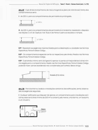 Arb. 57 • O pé-direito (comprimento de reco ortogonol ao plano de rePerência) mínimo dos
comparei mentos será:
I - de 250 m, para os comportimentos de permanência prolongada;
li - de 2,30 m. pora ascomparcirnencos de permanência transitória, ressalvado o disposto
nas Seções C e E do Capítulo ll do Título A da Farte A para as escadas e rampas.
§ 1e - Ressalvam-se exigências maiores Fixados pora a destinação ou otividode nas Normas
Especificas Parte B desce Código
§ 2a - Os comportimentos especiais cerão os respectivos pês direito Piados nos Normas
Especificas F^arte B desce Código.
§ 3S - O pê-direito mínimo será obrigatório opsnas na parte correspondente 6 área míni-
mo exigida pora o comparti mento, fixado nas Normas EspecíPicas, Parte B desce Código,
podendo haver partes excedentes náo consideradas para efeito deste ortigo,
Arb. 58 - Para banheiros lavabos e instalações sanitárias das ediPicações, serão observa-
das as exigências seguintes:
I - Qualquer ediPicação que dispuser de apenas um compartimenco para instalações sani-
tários. este terá área mínima de 2.00 m? e conterá, pelo menos, uma latrina, um lavatório
e um chuveiro;
 