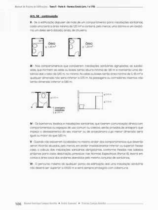 Arb. 58 - continuação
II - Se a ediPicação dispuser de mais de um com par cimento po na instalações sanitárias,
cada uma t e r á a órea mínima de 1,20 m2 e conterá, pelo menos, uma latrina e um lavató-
rio; um deles será dctodo, ainda, de chuveiro;
O
D r
área
£ 1,20 m1
o
D
área
t 1,20 m1
lll - Nas comportimentos que contiverem instalações sanitárias agrupadas, as subdivi-
sões, que formem as celas ou bc^es, terão altura mínima de 1,80 m e manterão uma dis-
tância até o t e t o de 0A0 m, no mínimo. As celas ou boxes terão ãrea mínimo de 0. 65 ma e
qualquer dimensão não será inperior a 0,70 m. As passagens ou corredores internos não
terão dimensão inPerior a 0,80 m;
nlyt
2L0,65iTI
passagens
coriBctotes
>
_ o.eo m
LI
i a.C n
n
^ 2.10 r
m
IV - Os banheiros, lavobos e instalações sanitárias* que tiverem comunicação direta com
compareimentos ou espaços de uso comum ou coletivo, serão providos de anteparo que
impeça o devassamento do seu interior ou de antecàmara cuja menor dimensão serã
igual ou maior do que 080 m;
V - Quando não estiverem localizados no mesmo andar dos comportimentos que deverão
servir. Picarão situodos, pelo menos em andar imediatamente inPerior ou superior Nesse
caso, o cálculo das instalações sanitárias obrigatórias, conPorme Pixadas nas tabelas
próprias para coda destinação, previstas nas Normas EspeciPicas (Parte 6). levará em
conta a área total das andares atendidos pelo mesmo conjunto de sanitários;
VI - O percurso máximo de qualquer ponto da ediPicação até uma instalação sanitária
não deverá ser superior a 100,00 m e será sempre protegido com cobertura;
 