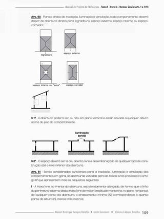 Arb, 6C - Pora o ePeito de insolação, iluminação e ventilação, todo compartimento deverá
dispor de abertura direta para logradouro, espaço externo, espaço interno ou espaço-
corredor
M
LAJ
espoço Interno ou " p o ç o " espaço -corredor
•
•
§ 1È A abertura poderá sen ou não, em plano vertical e estar situada a qualquer altura
acima do piso do compartimento,
iluminação
zônlial
§ 2a
O espaço deverá ser o céu aberto, livre e desembaraçado de qualquer tipo de cons-
trução até o nível inPerior da abertura.
Are. 61 Senão consideradas supicientes para o insolação, iluminação e ventilação dos
comportimentos em geral, as aberturas voltadas paro os Paixas livres previstas no arti-
go 6
® que apresentem mais os requisitos seguintes
I - A Paixa livre, na Prente da abertura, seja devidamente alargada, de Porma que a linha
do perímetro externo desta Paixa livre de maior amplitude mantenha, no plano horizontal,
de qualquer ponto da abertura, a aPastamento mínimo (A2) correspondente ã quarta
porte do oltura (h), menos três metros;
logradouro
 
